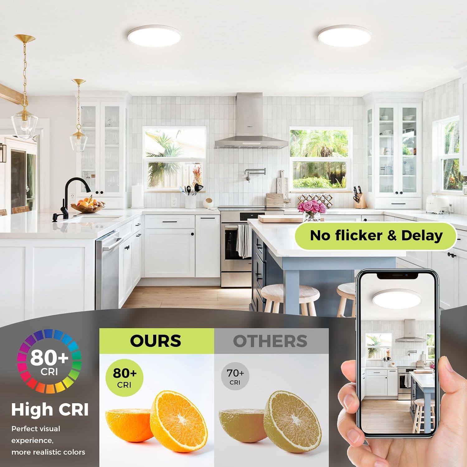 No flicker & Delay

80+ CRI

OURS 80+ CRI

OTHERS 70+ CRI

High CRI Perfect visual experience, more realistic colors