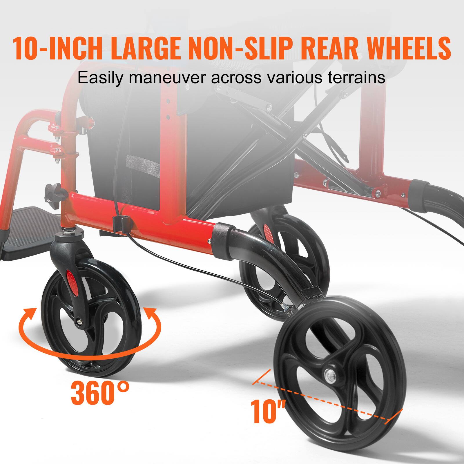 10-INCH LARGE NON-SLIP REAR WHEELS  
Easily maneuver across various terrains  

360°  
10"