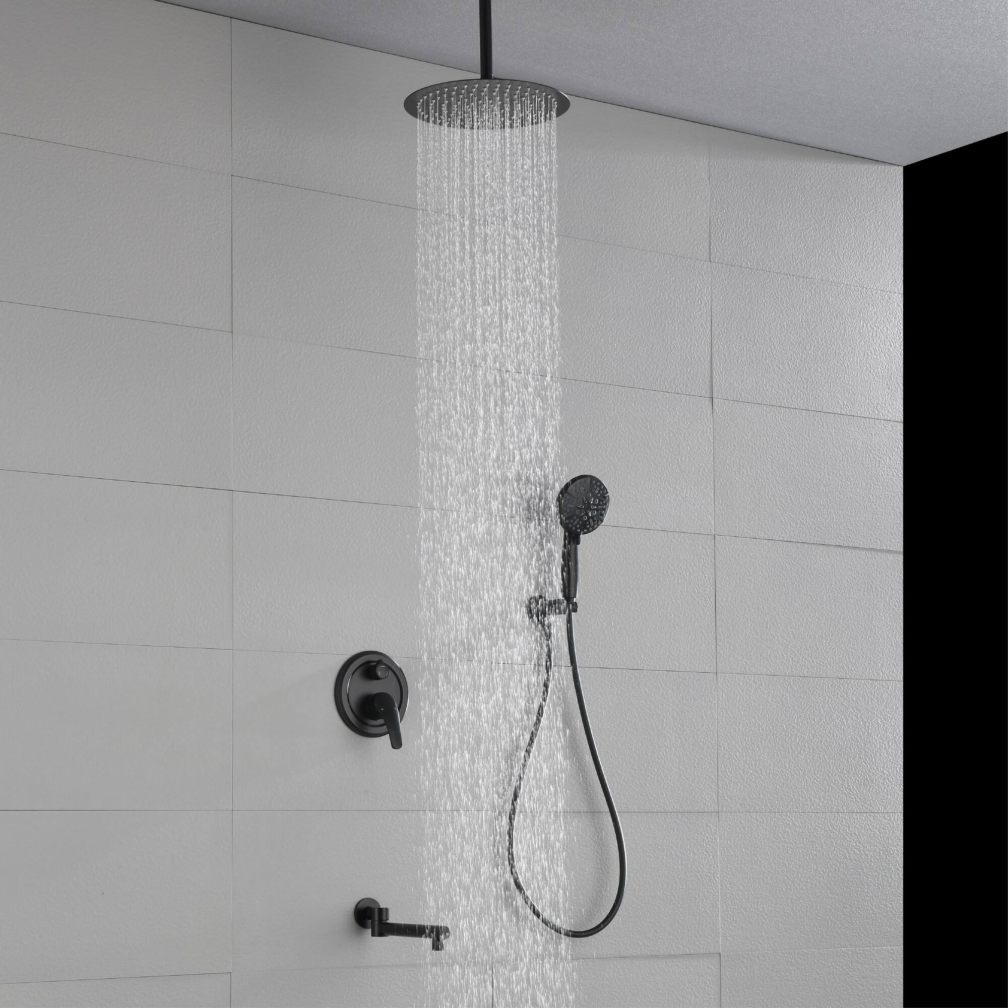 Alt View 1. Boyel Living - Matte Black 12-Inch Rain Shower System Brass SUS304 3-Function Valve 7-Function Handheld 180° Spout cUPC - Black.