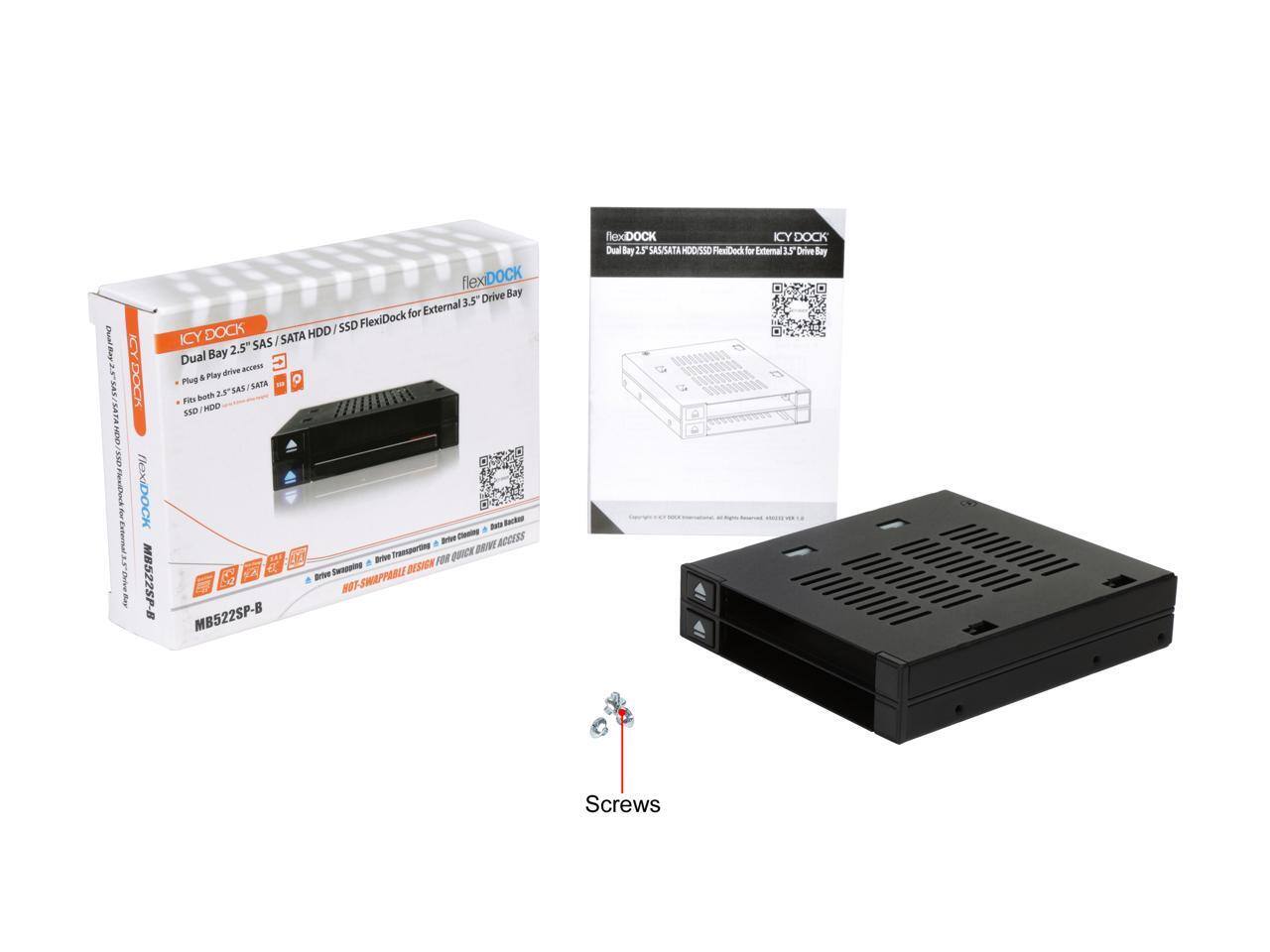 ICY DOCK flexDOCK MB522SP-B flexiDOCK Drive Bay External 3.5" for SSO FlexiDock DOCK HDD I ICY SAS I SATA Bay 2.5 Dual drive ae Plug & Play MATA both S.I"SAE 2.1 Fis END NDO - Eackar - BN ACCESS -e Teperns UICK BESIGN FOR Bive Snoi WOT-SHAPPABLEBESION MB522SP-B fexDOCK ICY DOCK Dual Bay 2s SAS/SATA HOOISSD RexiDock for Extemnal L Drive Bay & Screws