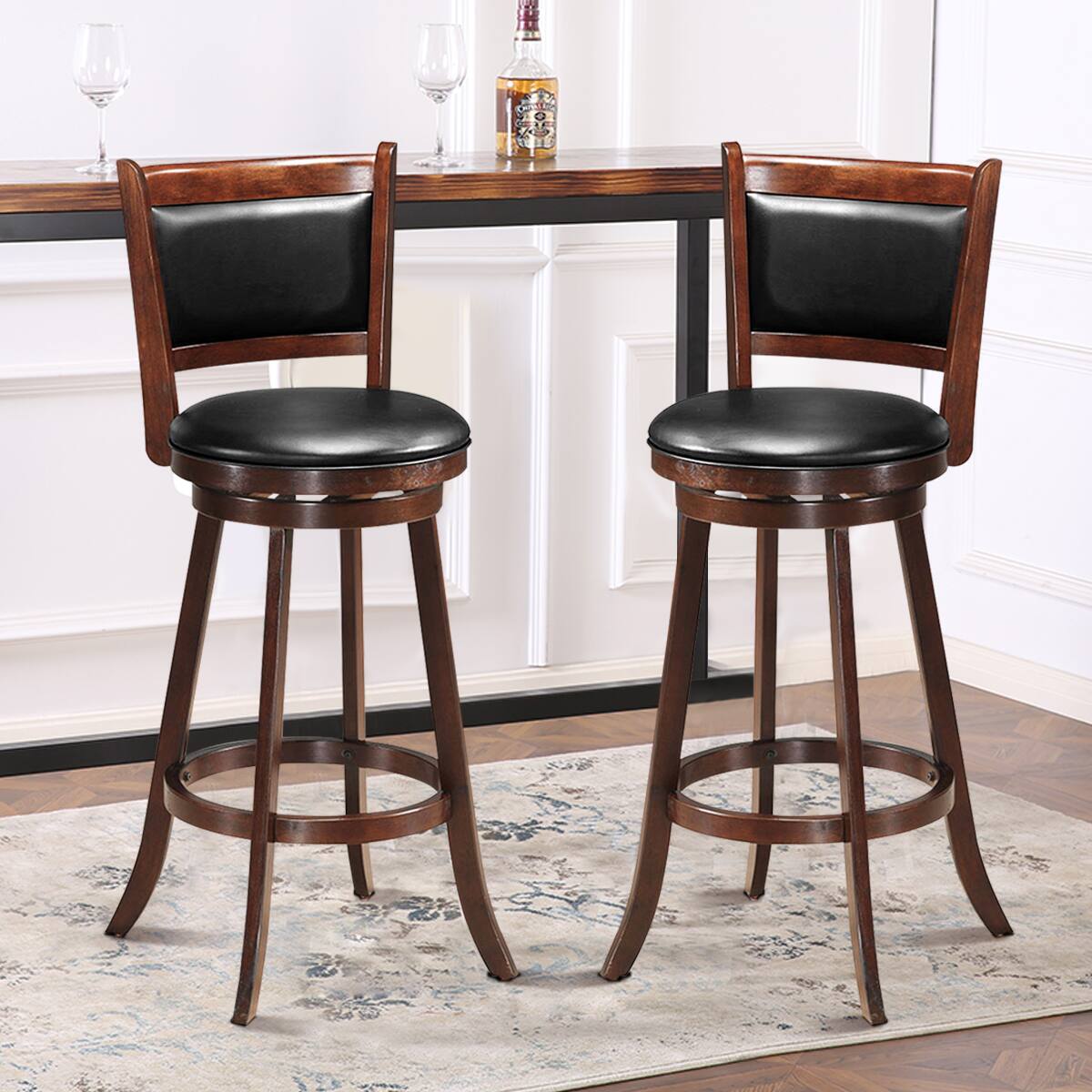 Alt View 4. Costway - Costway Set of 2 29" Swivel Bar Height Stool Wood Dining Chair Upholstered Seat Panel Back - Espresso,Black.