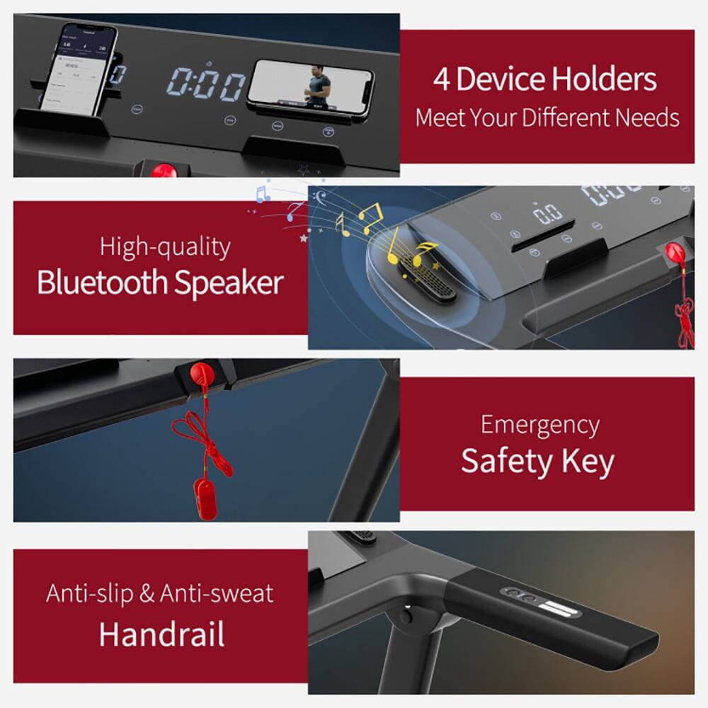 0:00 High-quality Bluetooth Speaker  
4 Device Holders Meet Your Different Needs  
Emergency Safety Key  
Anti-slip & Anti-sweat Handrail