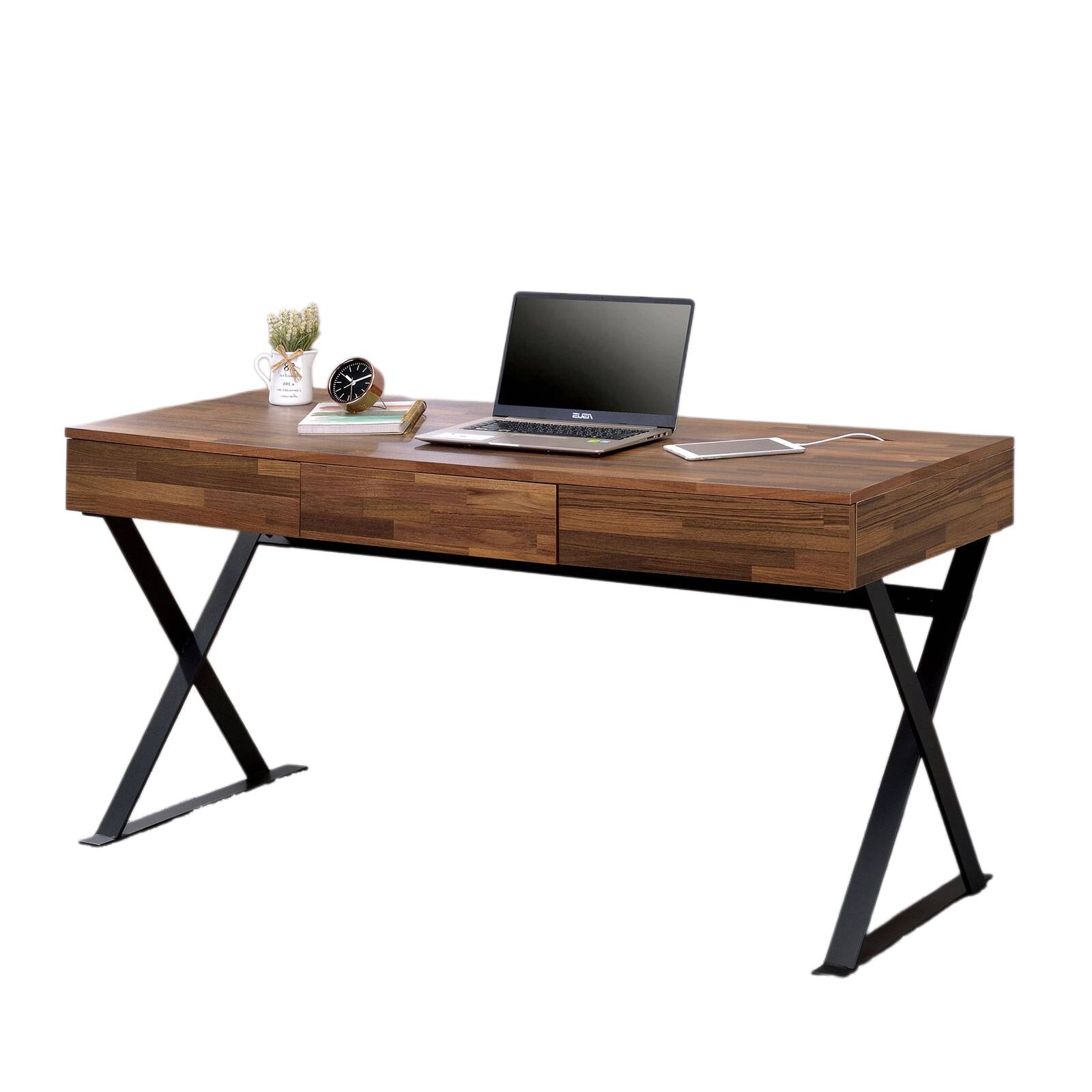 Left. APRILSOUL - Industrial Computer Desk With Three Storage Drawers USB And Power Outlet X-Cross Legs Black - Black.