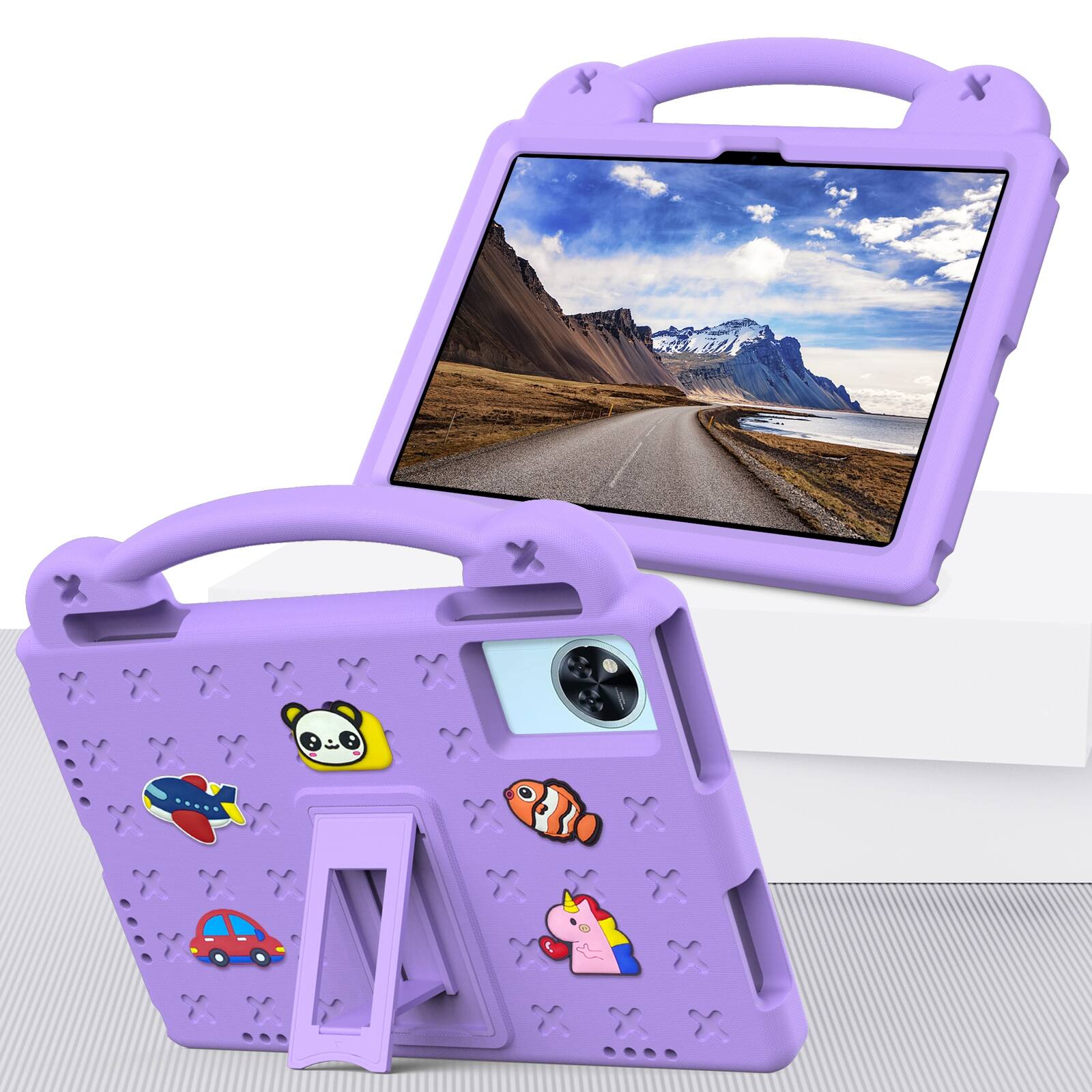 Angle. UUCOVER - Kids Case for Lenovo Idea Tab 11 inch (TB336) 2025 /K11 Gen 2,Shockproof EVA Case Handle Adjustable Stand Cover - Purple.