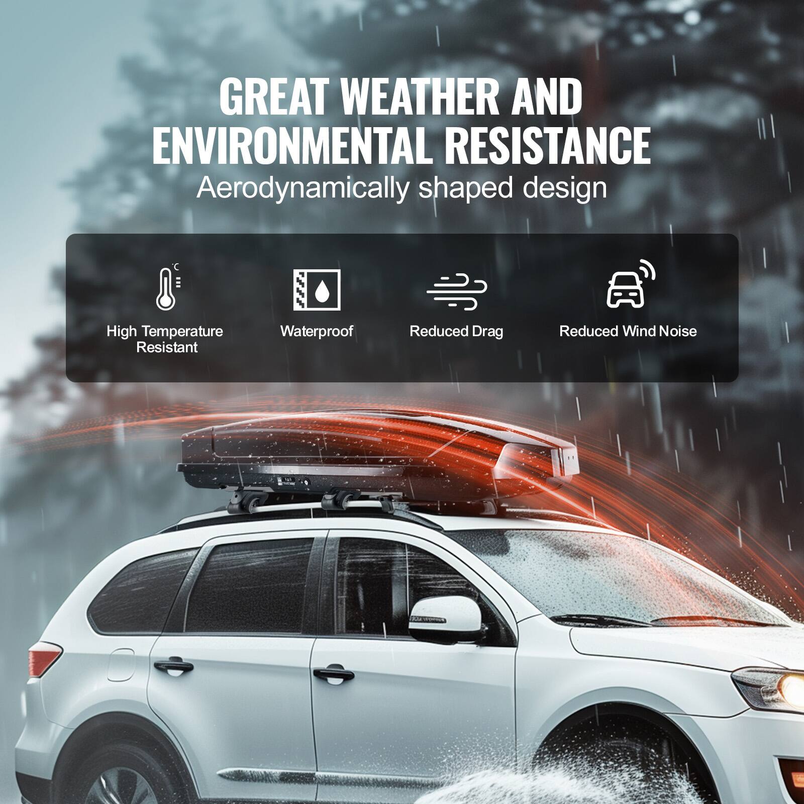 GREAT WEATHER AND ENVIRONMENTAL RESISTANCE  
Aerodynamically shaped design  

- High Temperature Resistant  
- Waterproof  
- Reduced Drag  
- Reduced Wind Noise