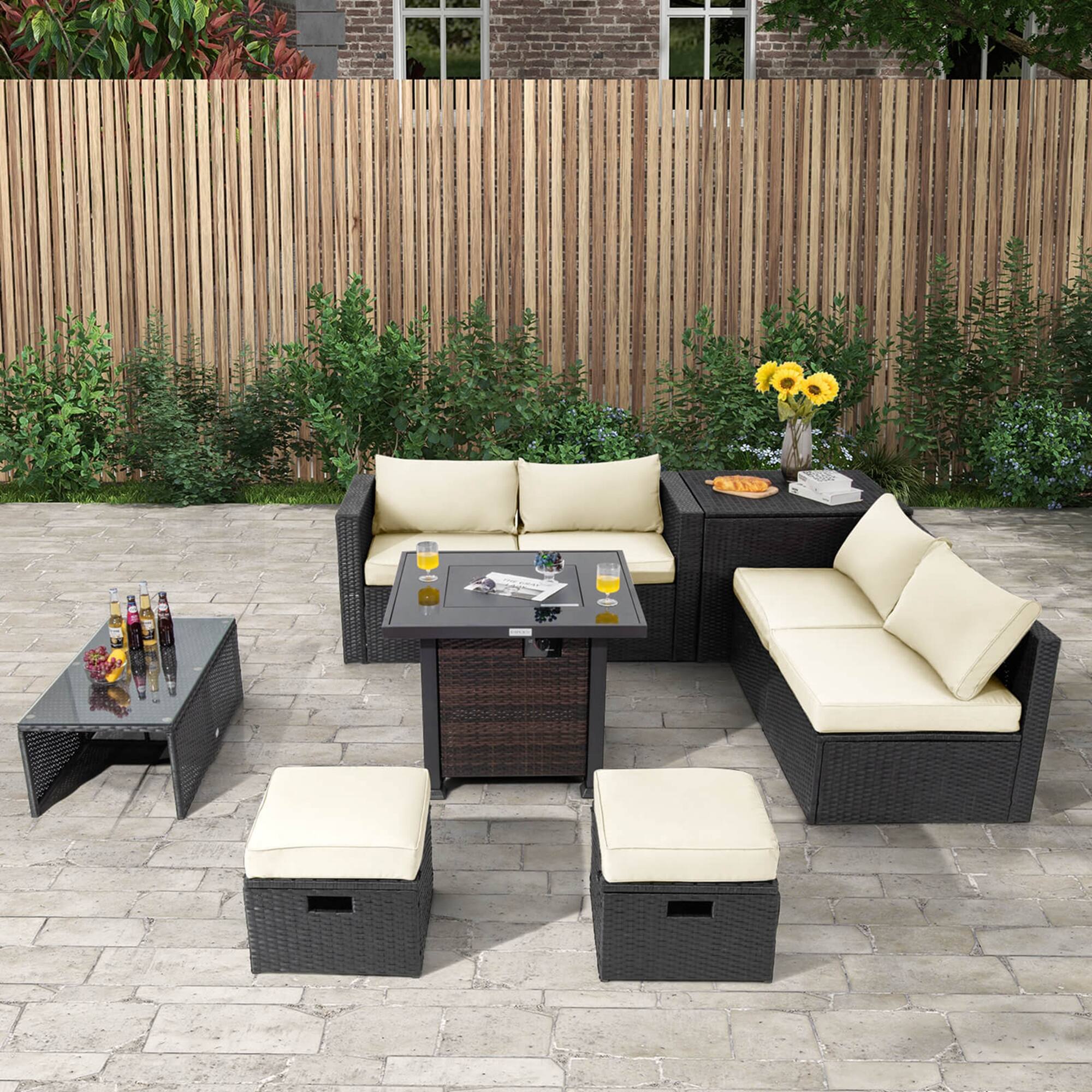 Alt View 4. Costway - 9 PCS Patio Furniture Set with 32" Fire Pit Table 50,000 BTU Square Propane Fire Pit - White.