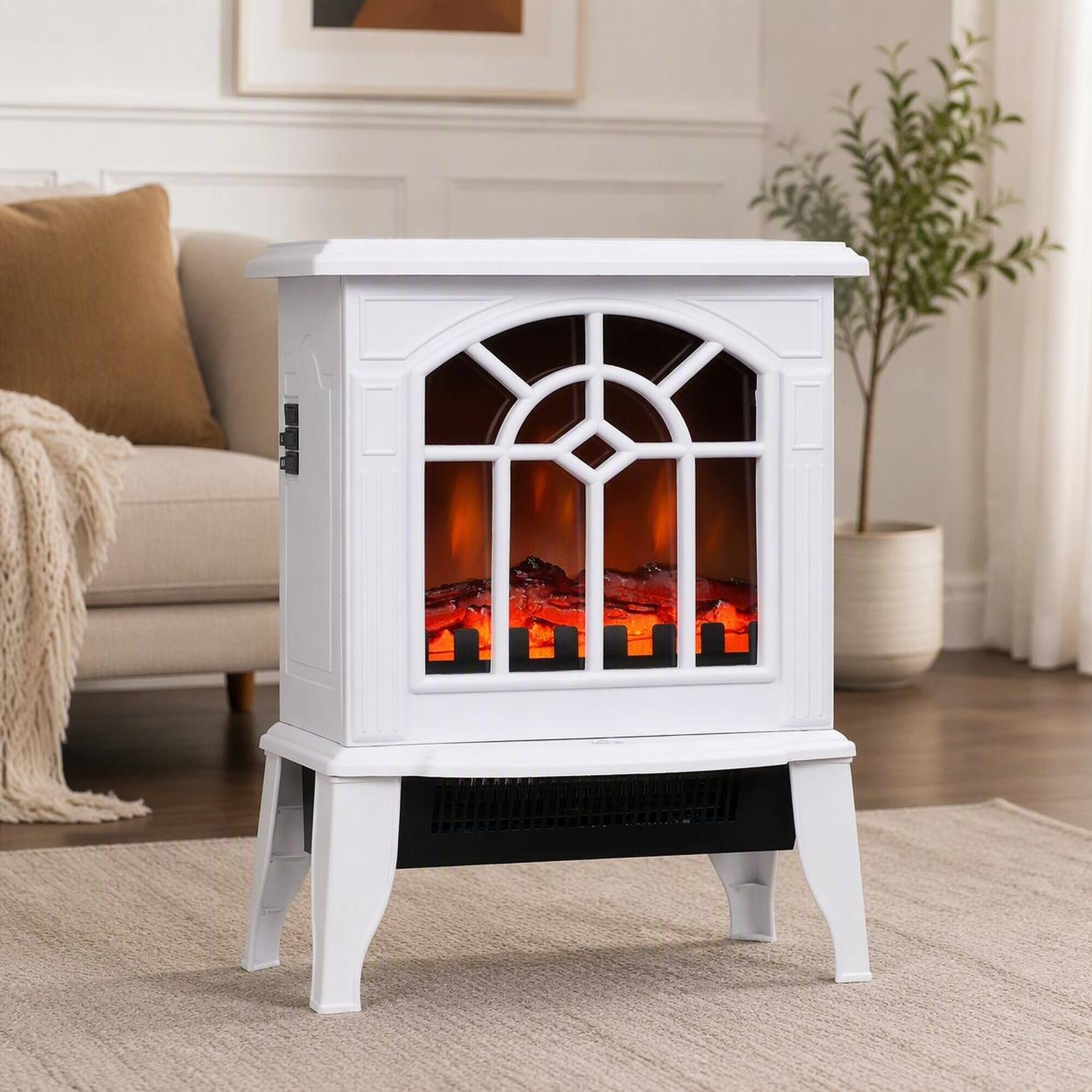 Front. RYHNUYNE - Freestanding Electric Fireplace Heater, 18-Inch Compact Stove with Realistic Flame Effect, Adjustable 750W/1500W Heat - White.
