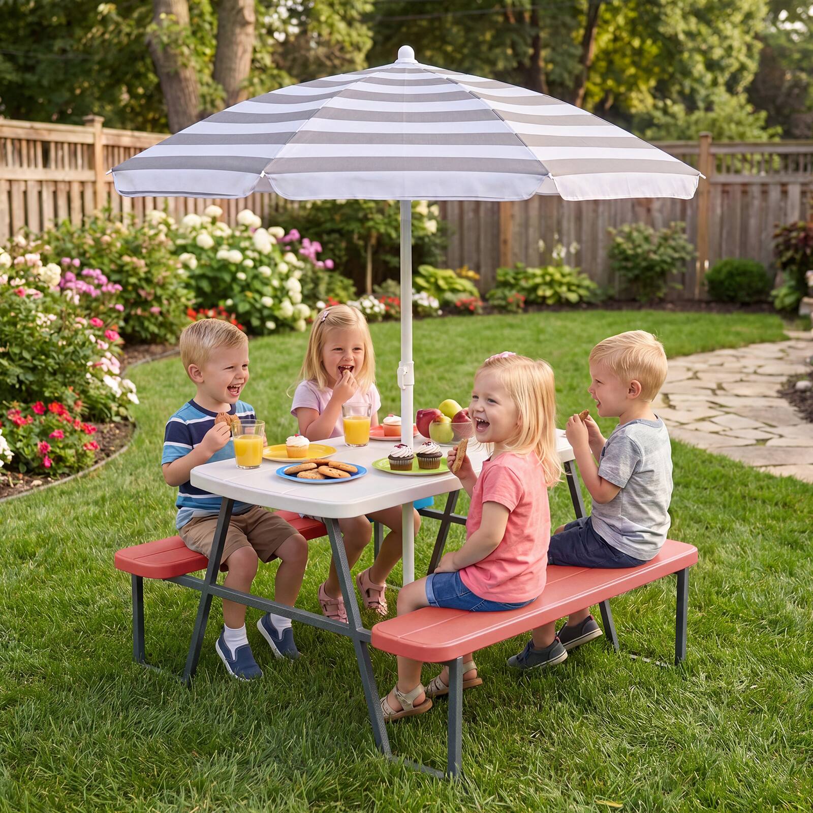 Alt View 4. Costway - Costway Kids Picnic Table with Benches Removable Adjustable Umbrella Metal Frame for Patio - Pink.