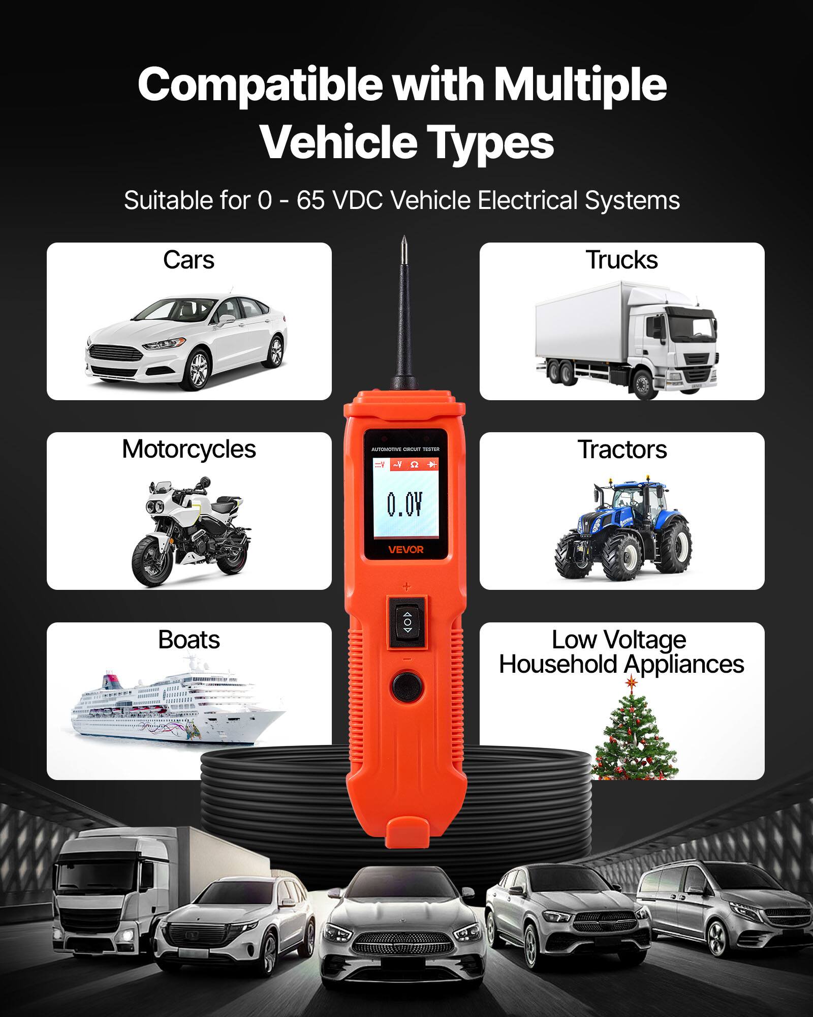 Compatible with Multiple Vehicle Types  
Suitable for 0 - 65 VDC Vehicle Electrical Systems  
Cars  
Trucks  
Motorcycles  
Tractors  
Boats  
Low Voltage Household Appliances