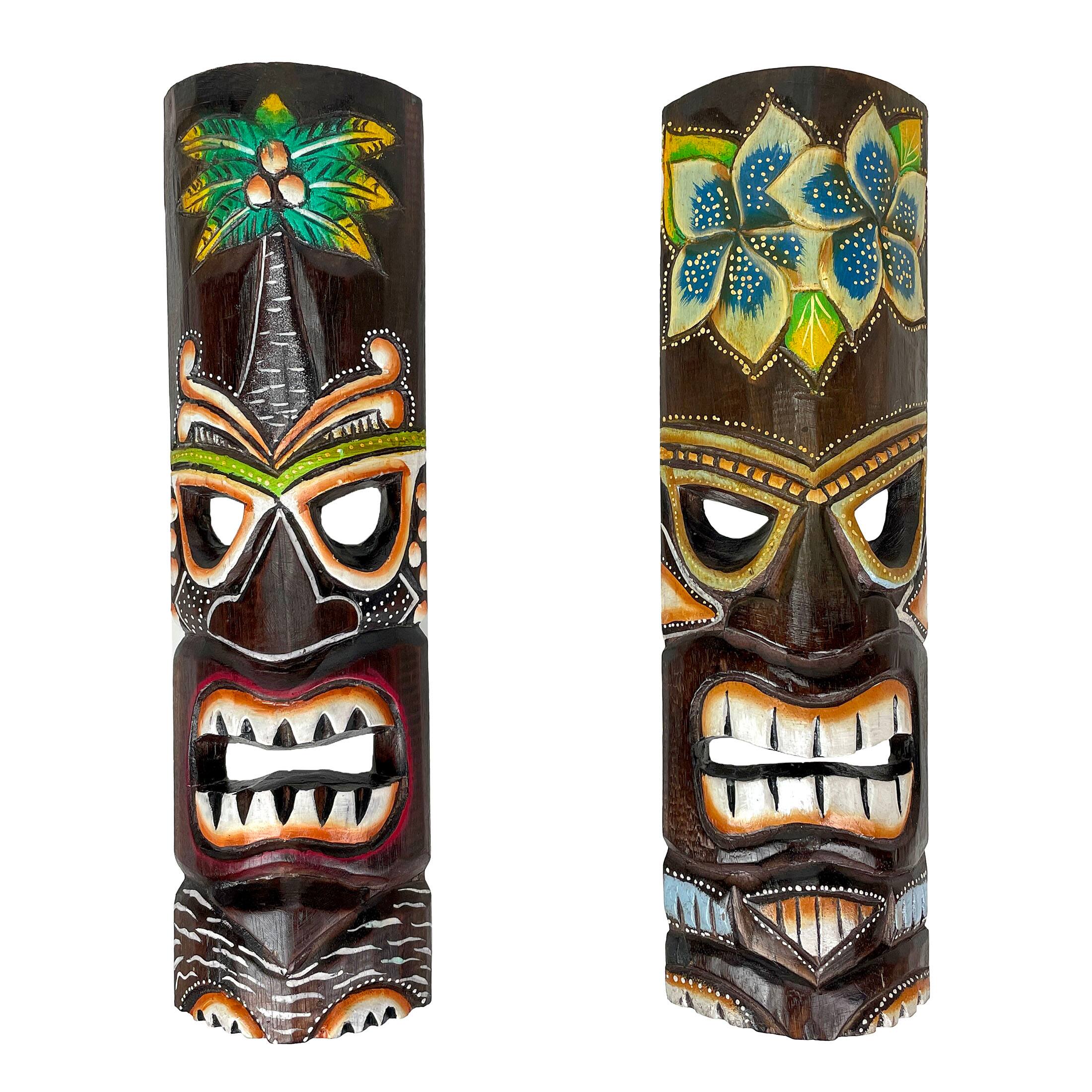 Front. Things2Die4 - Set of 2 Hand Crafted Wooden 20 Inch Tiki Wall Masks Palm Tree and Plumeria Flower Designs Tropical Décor - Multicolored.
