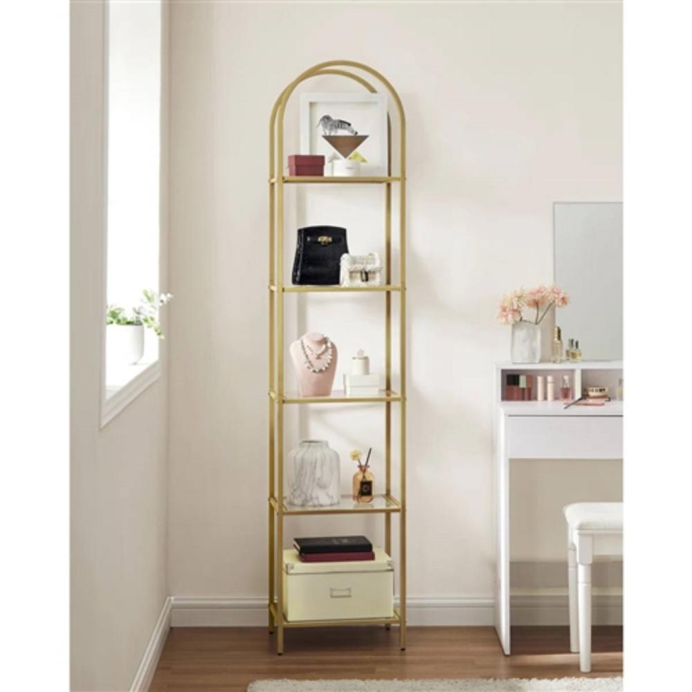 Angle. Hivvago - Arched Top Gold Metal Display Rack Narrow Bookcase with 5 Glass Storage Shelves - Gold.