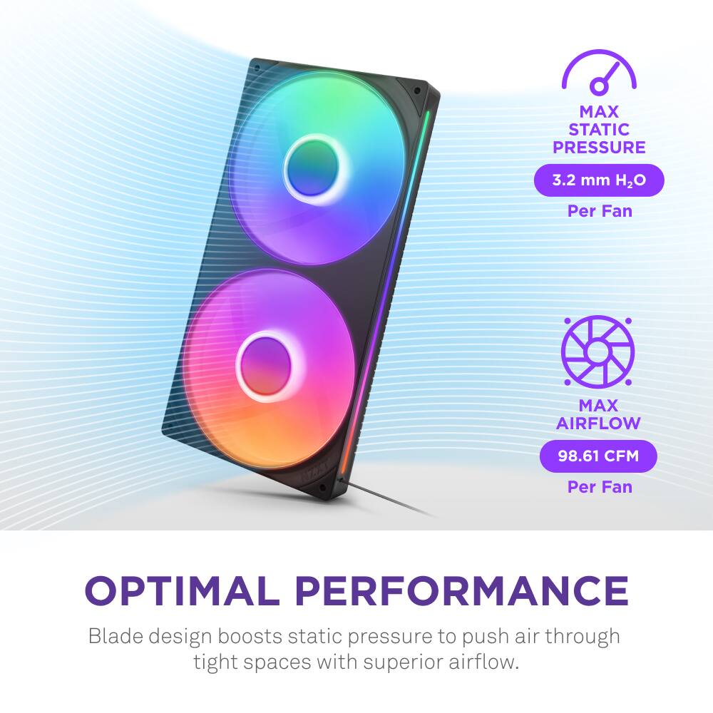 The text on the image is grouped and corrected as follows:

"Optimal Performance: Blade design boosts static pressure to push air through tight spaces with superior airflow."
