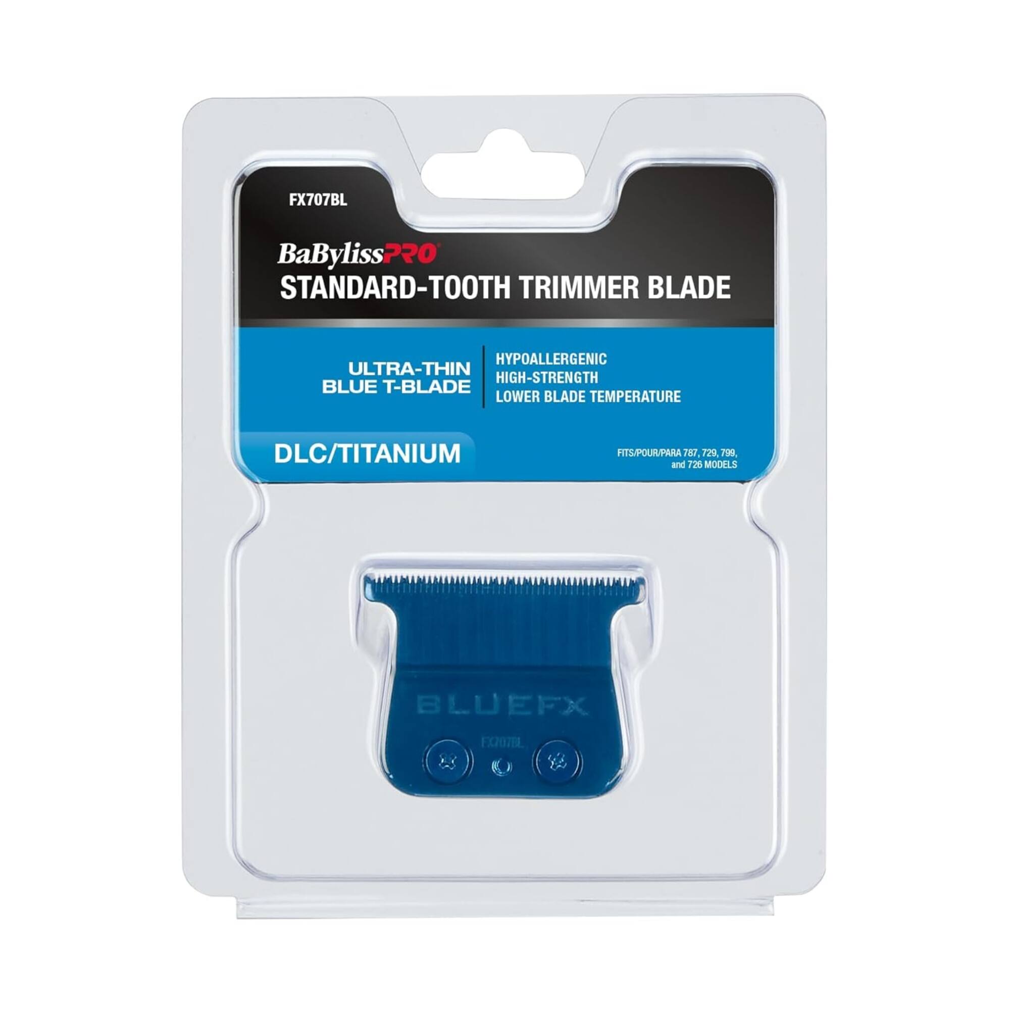 FX707BL BaByliss PRO STANDARD-TOOTH TRIMMER BLADE HYPOALLERGENIC ULTRA-THIN HIGH-STRENGTH BLUE T-BLADE LOWER BLADE TEMPERATURE DLC/TITANIUM FITS/POUR/PARA T8T 729 7 and 720 MODELS BLUEFX FXZOTEL