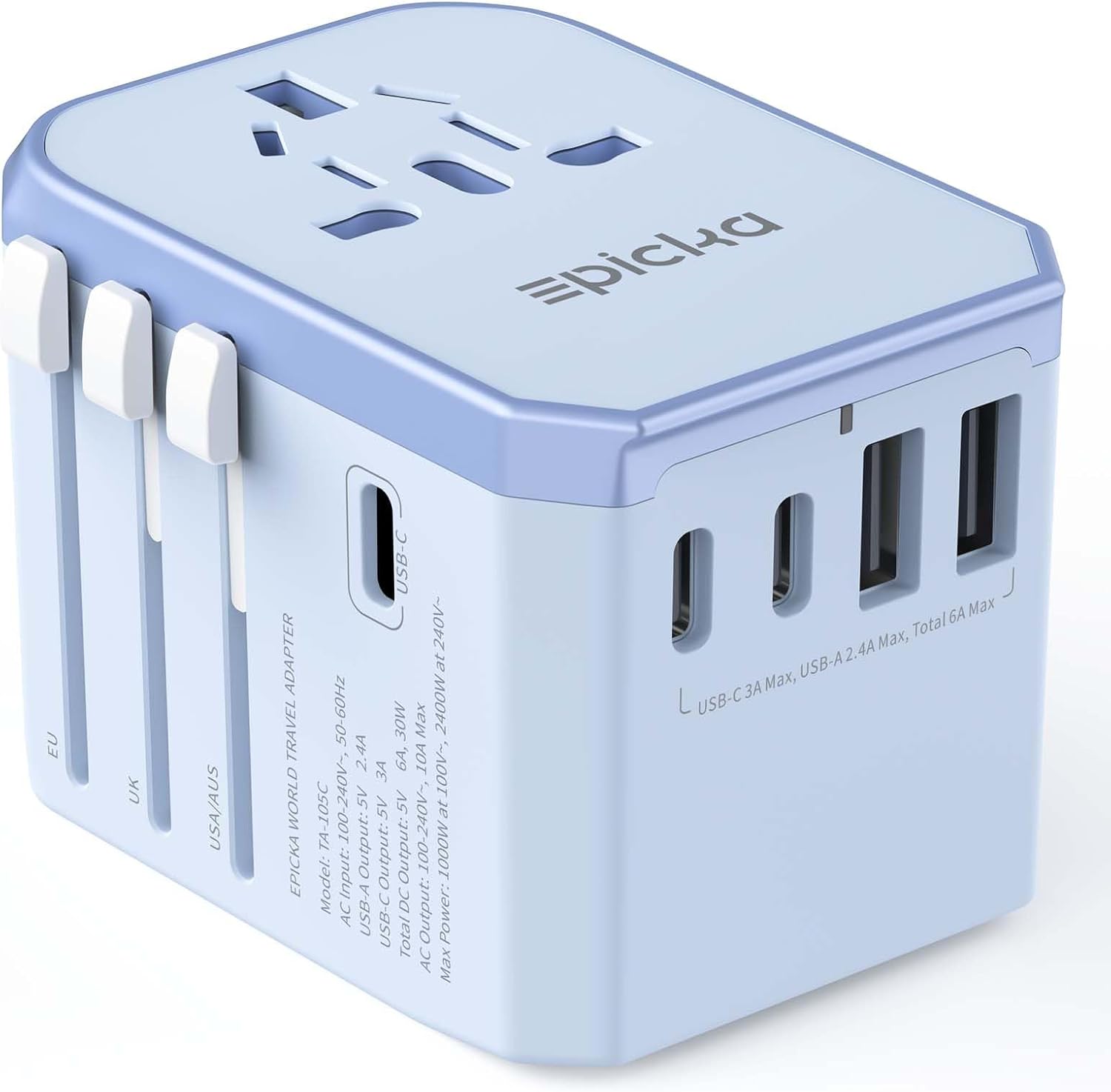 Epicka - Universal Travel Adapter with 3 USB-C and 2 USB-A Ports Charger for USA EU UK AUS (TA-105C) - Blue