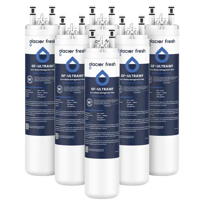 glacier fresh  
GF-ULTRAWF Ice & Water Refrigerator Filter  
Replace every 6 months  
NSF COMPONENT  
Parameters  
33°F-100°F  
100psi  
0.64 gpm  
300 gallons  

glacier fresh  
GF-ULTRAWF Ice & Water Refrigerator Filter  
Replace every 6 months  
NSF COMPONENT  
Parameters  
33°F-100°F  
100psi  
0.64 gpm  
300 gallons  

glacier fresh  
GF-ULTRAWF Ice & Water Refrigerator Filter  
Replace every 6 months  
NSF COMPONENT  
Parameters  
33°F-100°F  
100psi  
0.64 gpm  
300 gallons  

glacier fresh  
GF-ULTRAWF Ice & Water Refrigerator Filter  
Replace every 6 months  
NSF COMPONENT  
Parameters  
33°F-100°F  
100psi  
0.64 gpm  
300 gallons  

glacier fresh  
GF-ULTRAWF Ice & Water Refrigerator Filter  
Replace every 6 months  
NSF COMPONENT  
Parameters  
33°F-100