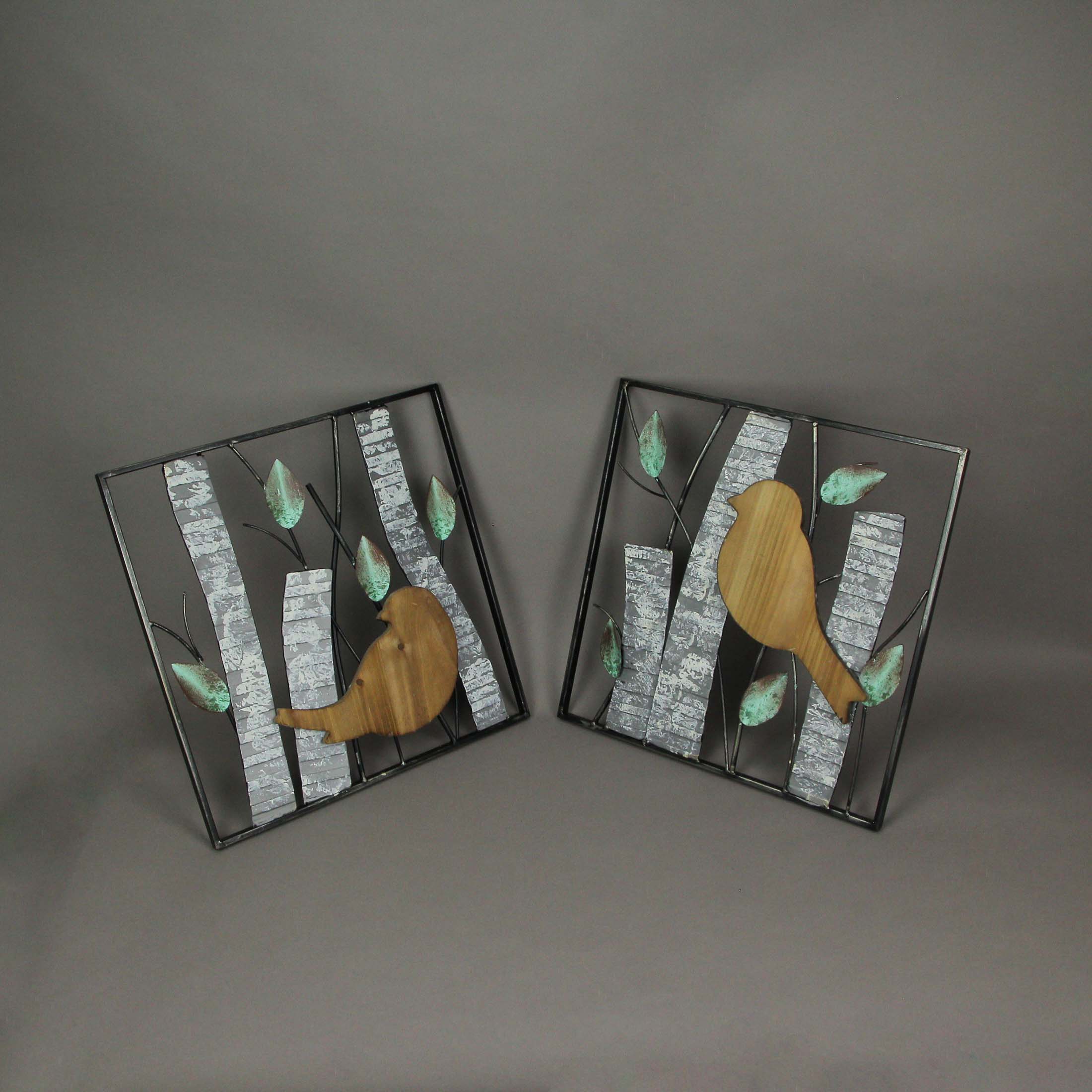 Alt View 3. Zeckos - Set / 2 Rustic Green Wood & Metal Leaf Birds & Branches Wall Sculpture Art Decor - Multicolored.
