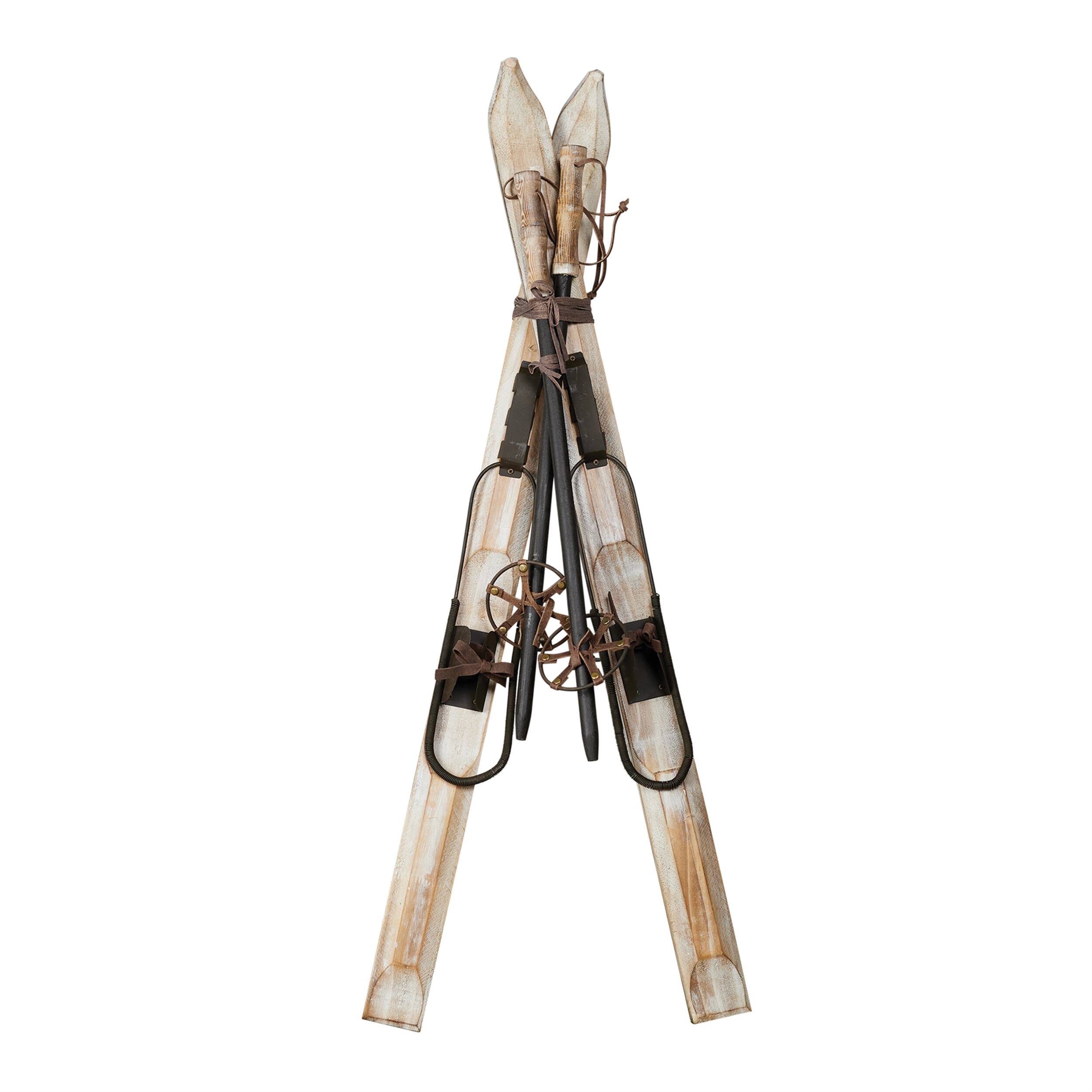 Front. BreeBe - Decorative Pair of Skis and Poles 36"H - Beige, Brown.