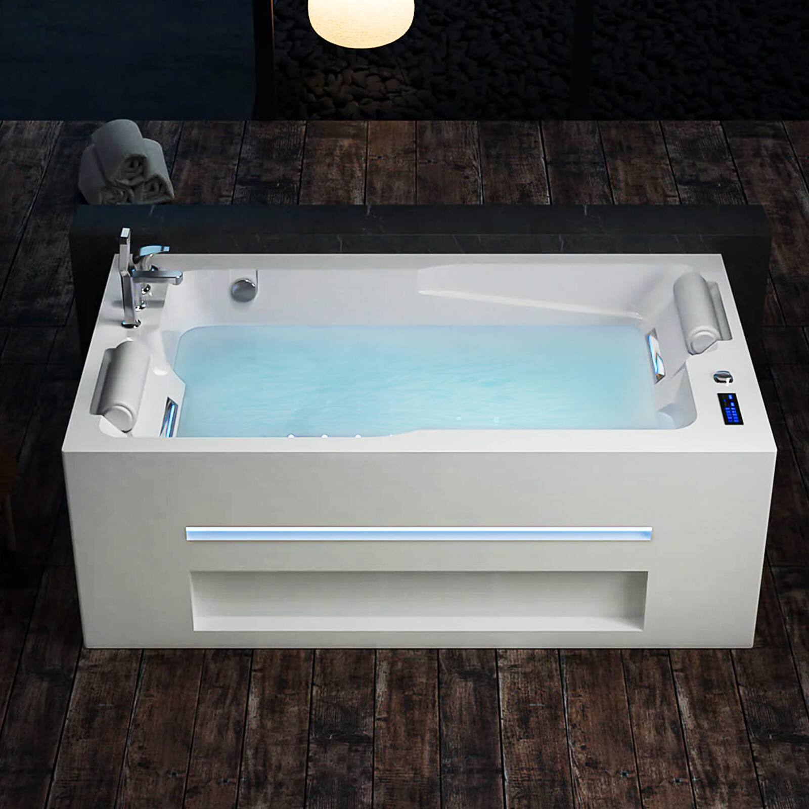 Angle. Empava - 71 in. x 42 in. Alcove Whirlpool Air Combination Bathtub 55 Jets Double Bath with Left Drain - Ozone Filtration in White - White.