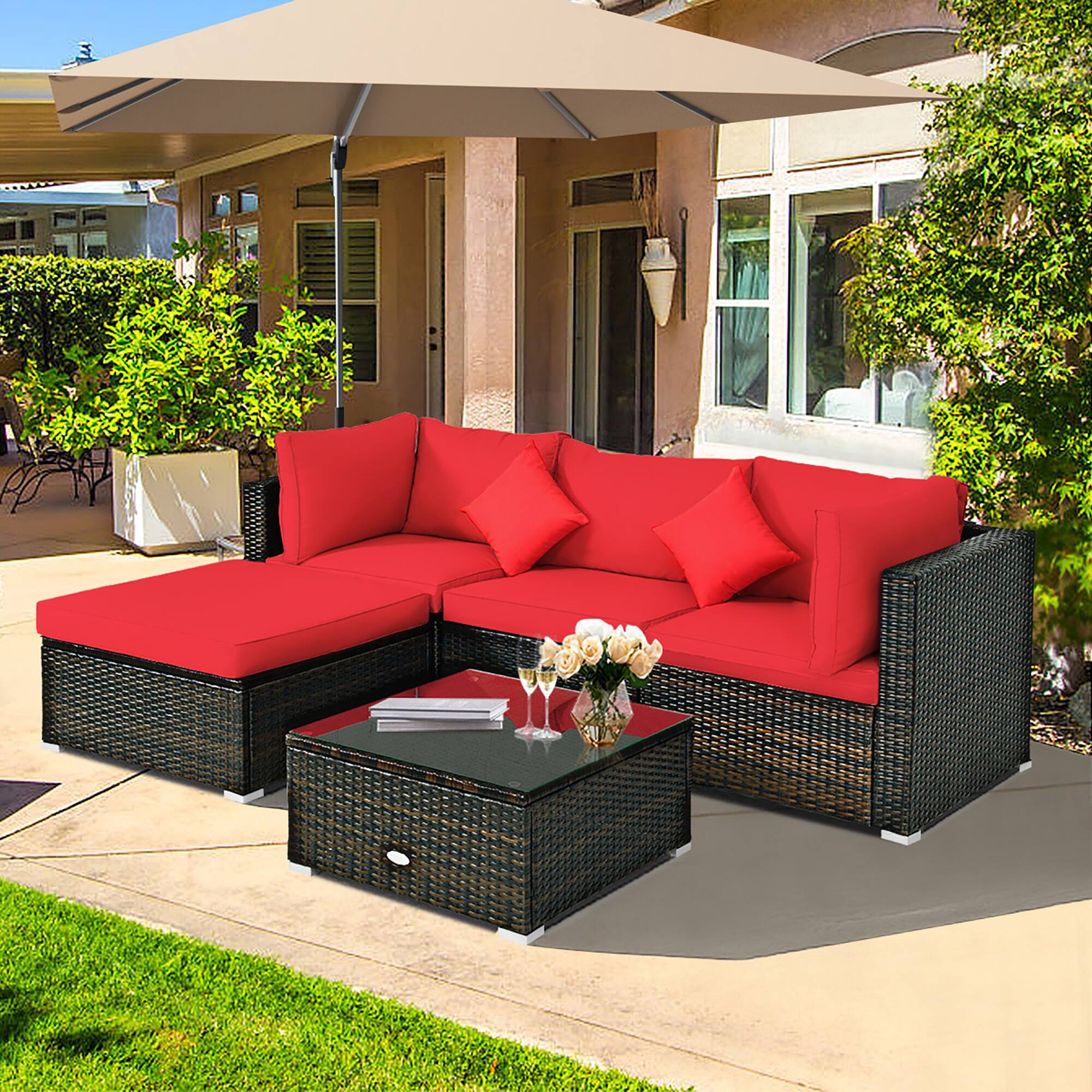 Alt View 4. Costway - Costway 5PCS Outdoor Patio Rattan Furniture Set Sectional Conversation W/Red Cushions - Red.