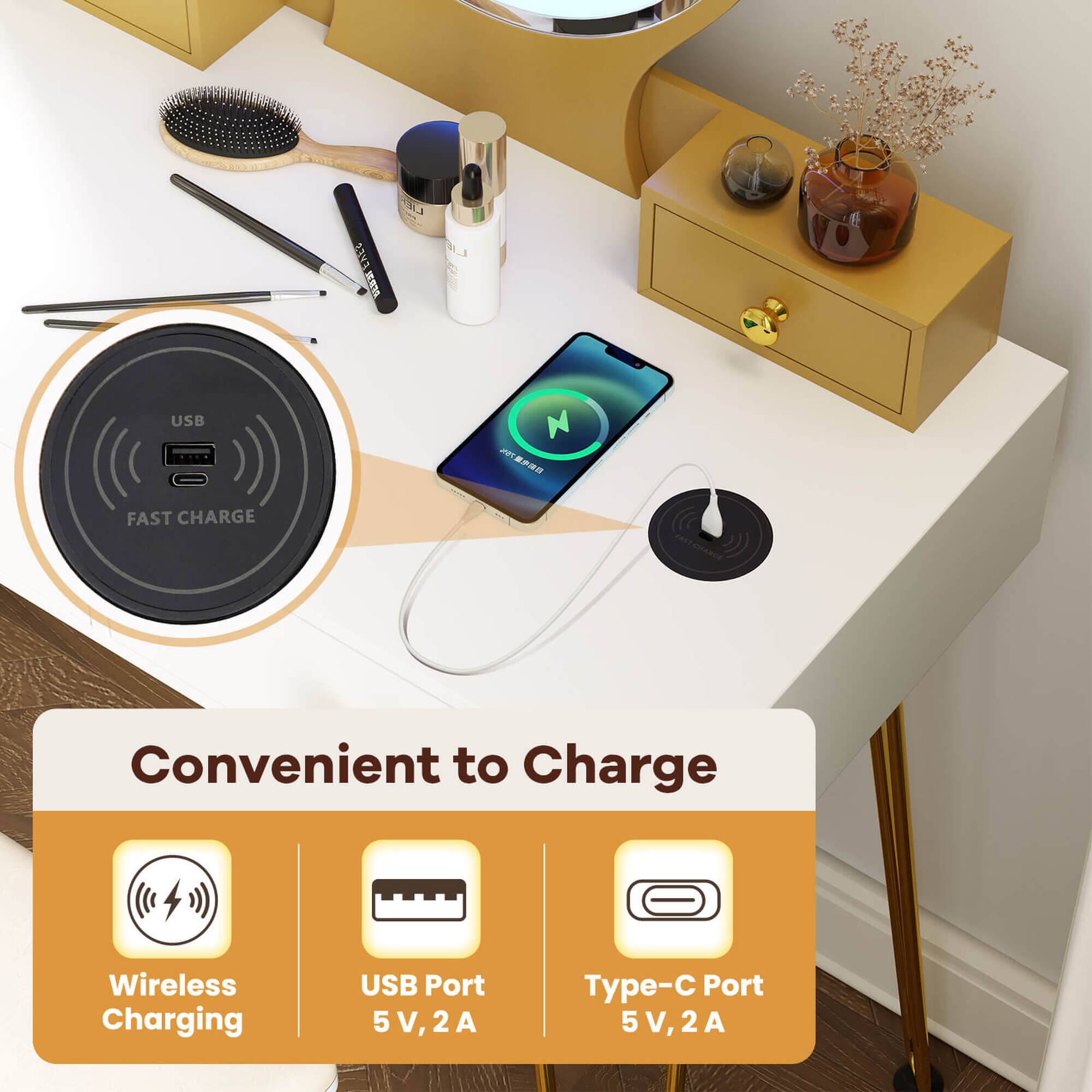 Convenient to Charge

- Wireless Charging
- USB Port 5 V, 2 A
- Type-C Port 5 V, 2 A