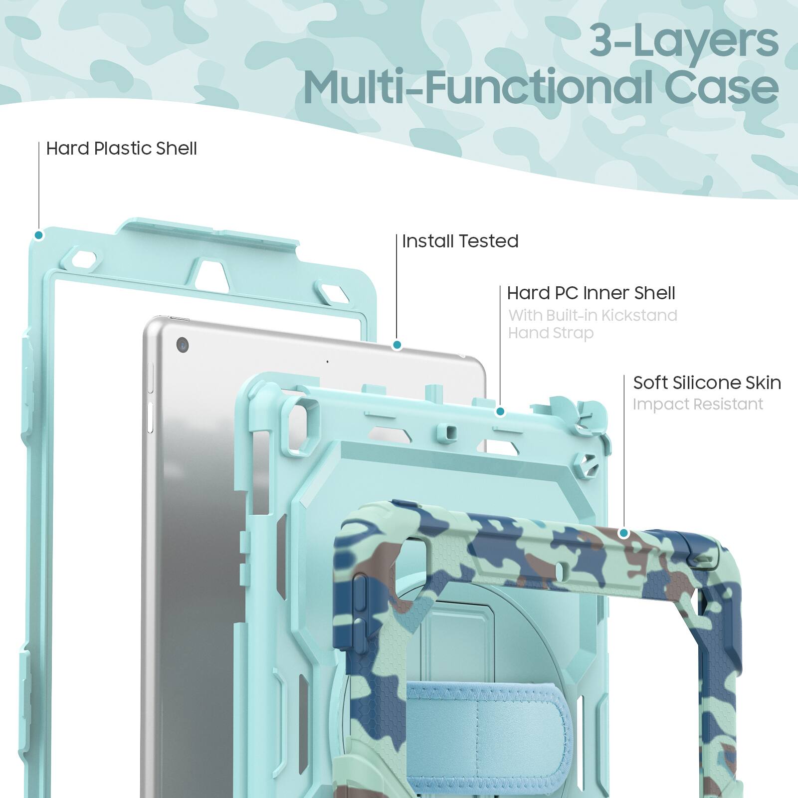 3-Layers Multi-Functional Case

- Hard Plastic Shell
- Install Tested
- Hard PC Inner Shell with Built-in Kickstand Hand Strap
- Soft Silicone Skin
- Impact Resistant