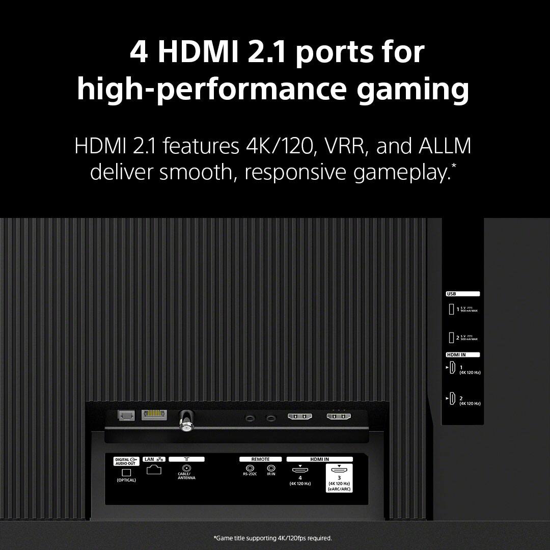 4 HDMI 2.1 ports for high-performance gaming. HDMI 2.1 features 4K/120, VRR, and ALLM deliver smooth, responsive gameplay.*  
*Game title supporting 4K/120fps required.