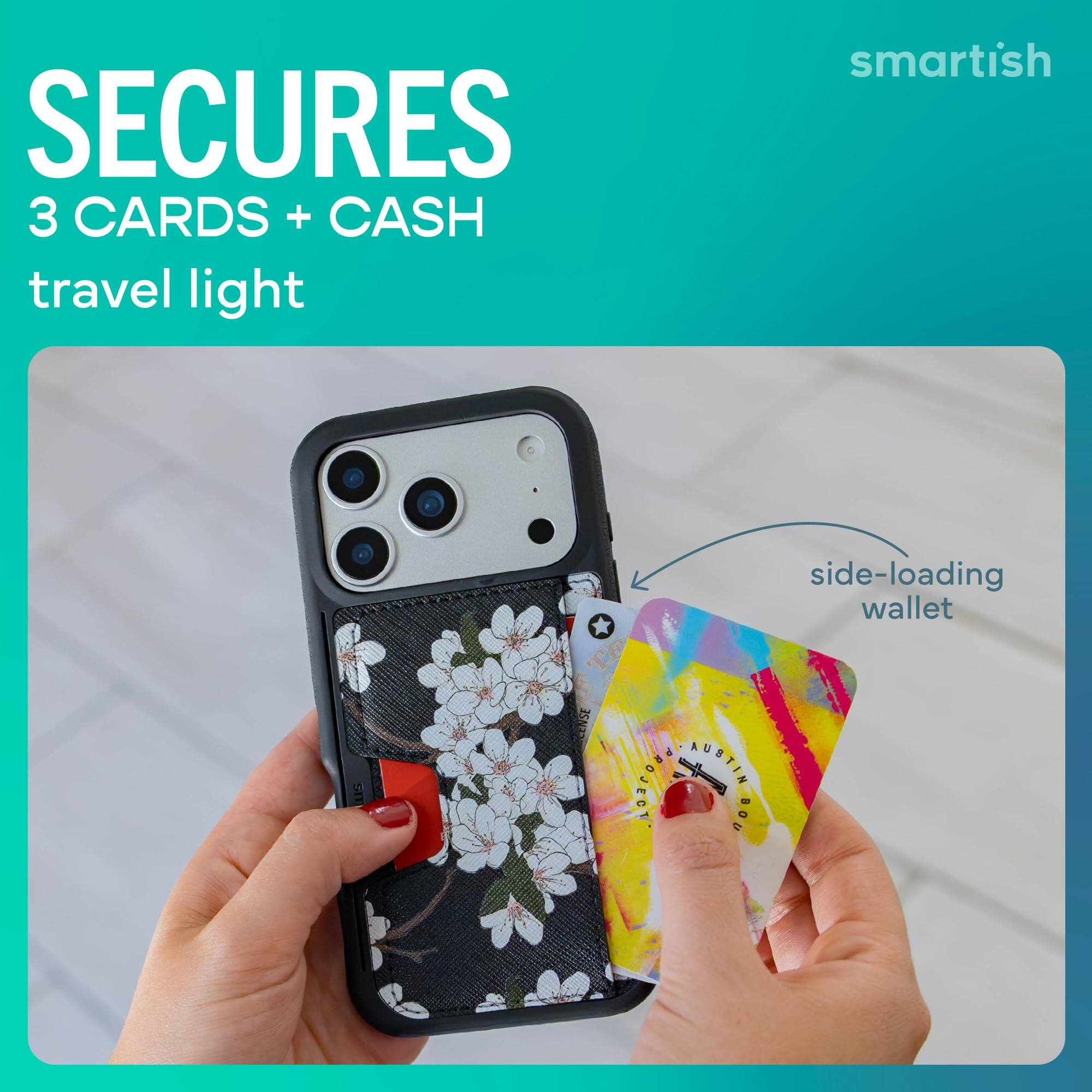 SECURES 3 CARDS + CASH travel light  
smartish  
side-loading wallet  
SIT  
CENSE  
DRORD AUSTIN BOU