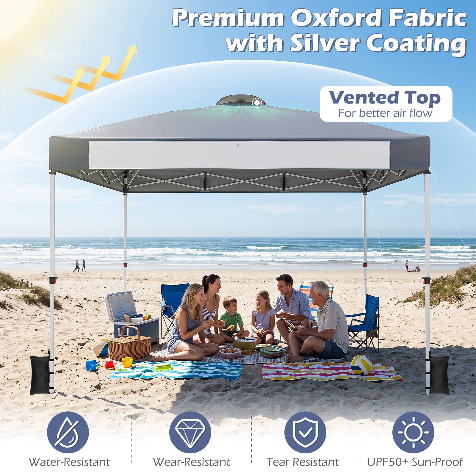 Premium Oxford Fabric with Silver Coating  
Vented Top For better air flow  
Water-Resistant  
Wear-Resistant  
Tear Resistant  
UPF50+ Sun-Proof