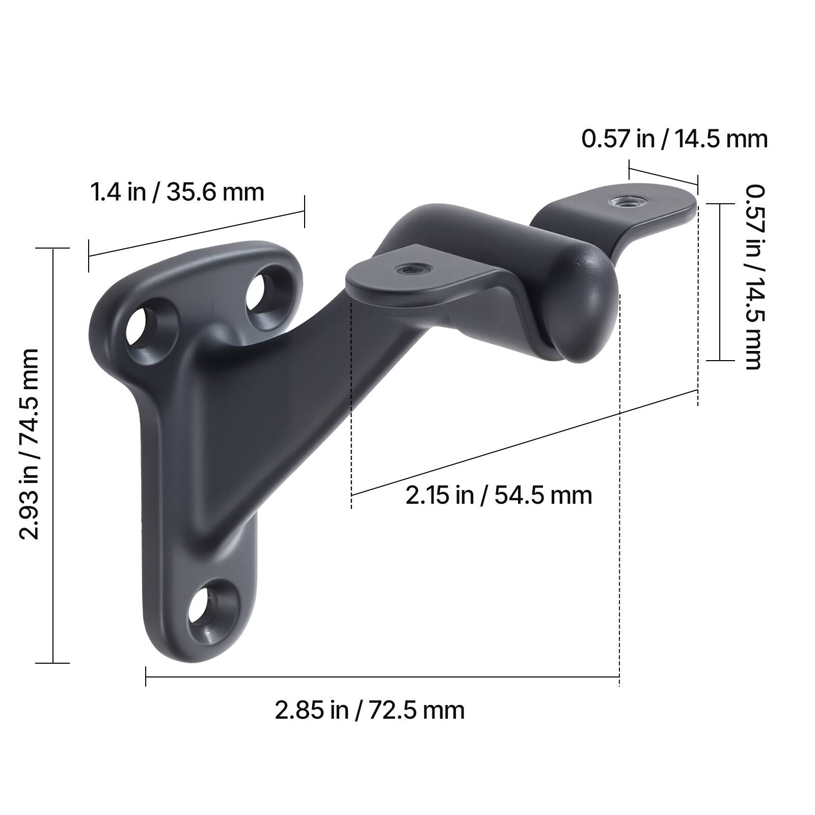 - 2.93 in / 74.5 mm
- 1.4 in / 35.6 mm
- 0.57 in / 14.5 mm
- 2.15 in / 54.5 mm
- 2.85 in / 72.5 mm