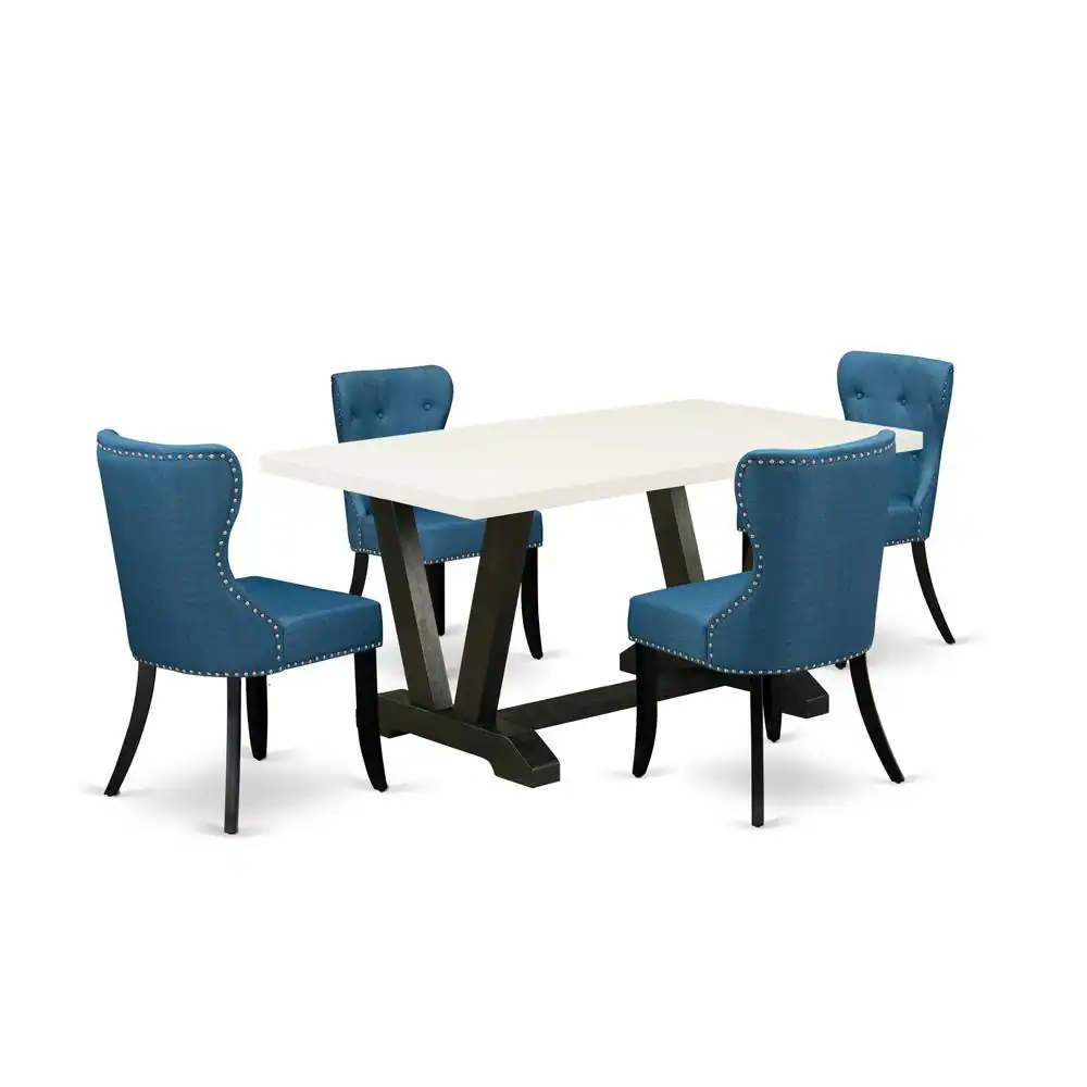 Left. East West Furniture - East West Furniture V626SI121-5 5-Piece Modern Dining Set- 4 Parson Chairs with Blue Linen Fabric Seat and Button - Multi-Color.