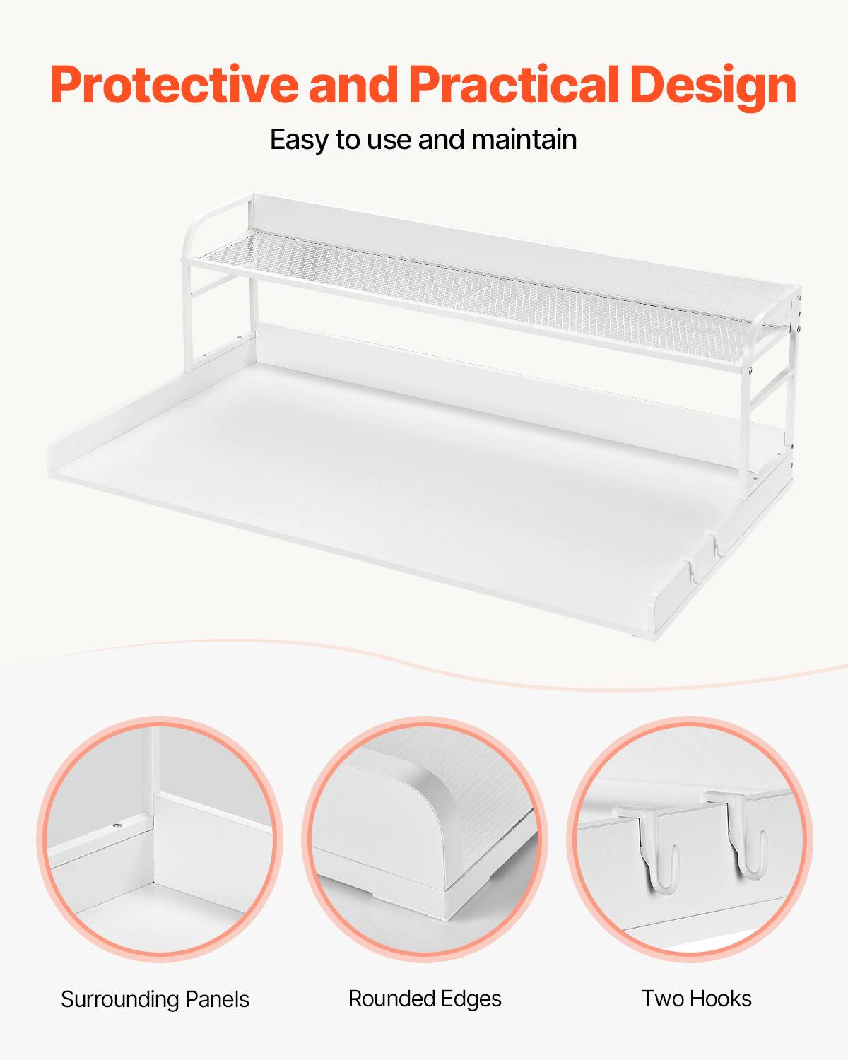 Protective and Practical Design  
Easy to use and maintain  

Surrounding Panels  
Rounded Edges  
Two Hooks