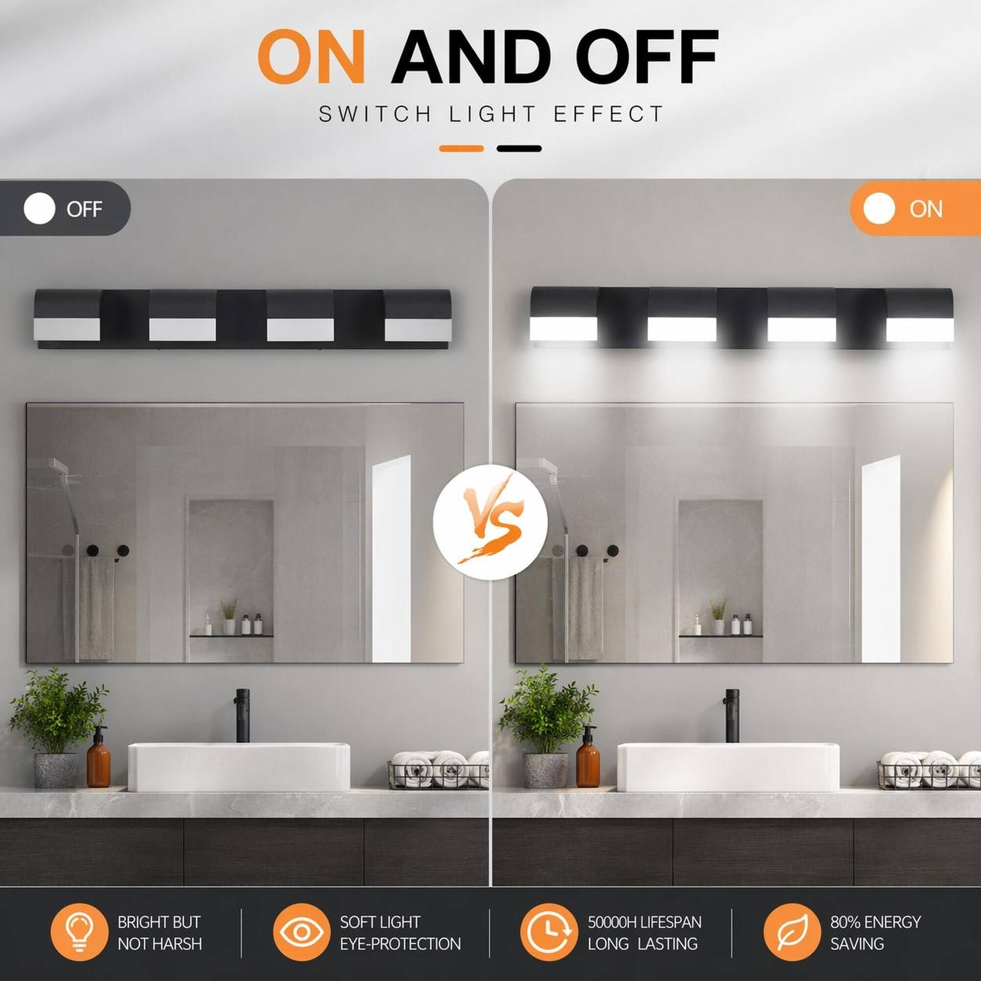ON AND OFF SWITCH LIGHT EFFECT

OFF

ON

VS

BRIGHT BUT NOT HARSH

SOFT LIGHT EYE-PROTECTION

50000H LIFESPAN LONG LASTING

80% ENERGY SAVING