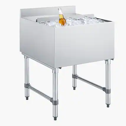 Front. VEVOR - Commercial Ice Bin, 79.9 Qt Max Capacity, 24 x 24 x 33 Inch Stainless Steel Ice Chest with Sliding Lid, 24H Long-Lasting - Silver.