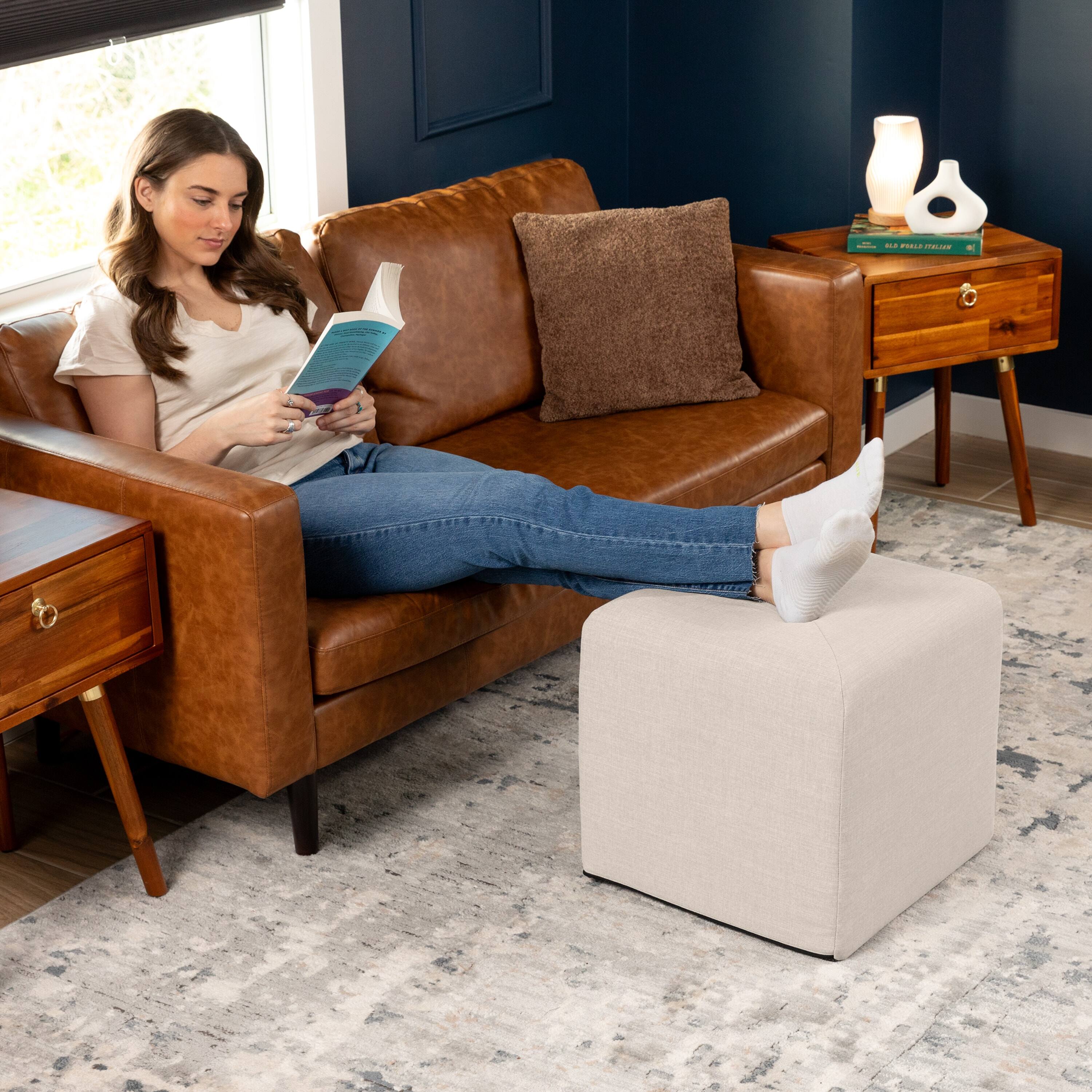 Left. Jaxx - Jaxx Monroe Square Foam Ottoman with Stain Resistant Performance Fabric, Small (18 x 18), Mist Light Grey - Mist Grey.