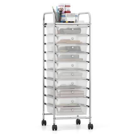 Front. WELLFOR - 10-Drawer Rolling Storage Cart with Metal Frame and Lockable Universal Wheels, Scrapbook Paper Office School Organizer - Transparent.