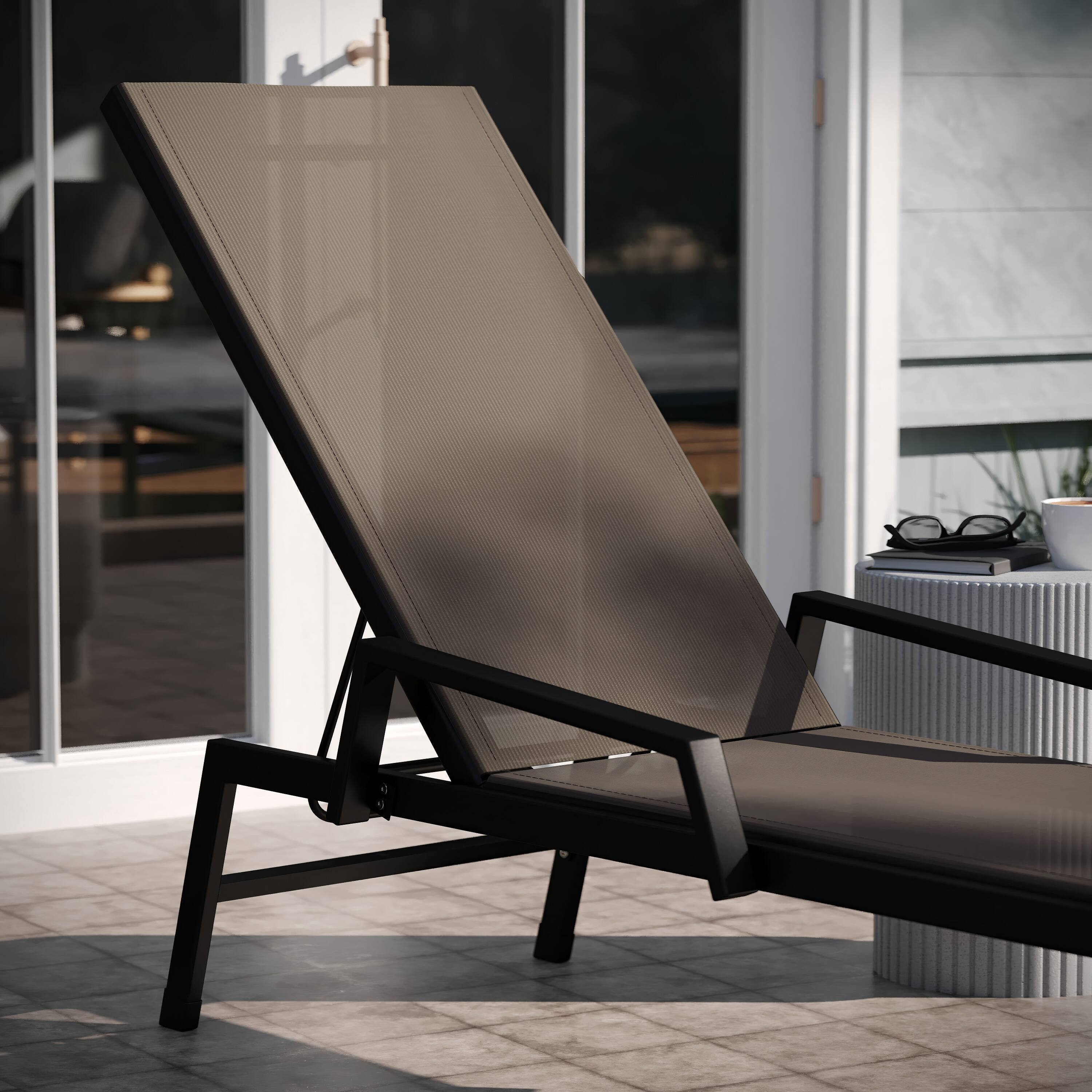 Alt View 4. Emma + Oliver - Braelin Textilene Adjustable 5 Position Patio Chaise Lounge with Armrests and Metal Frame - Brown.