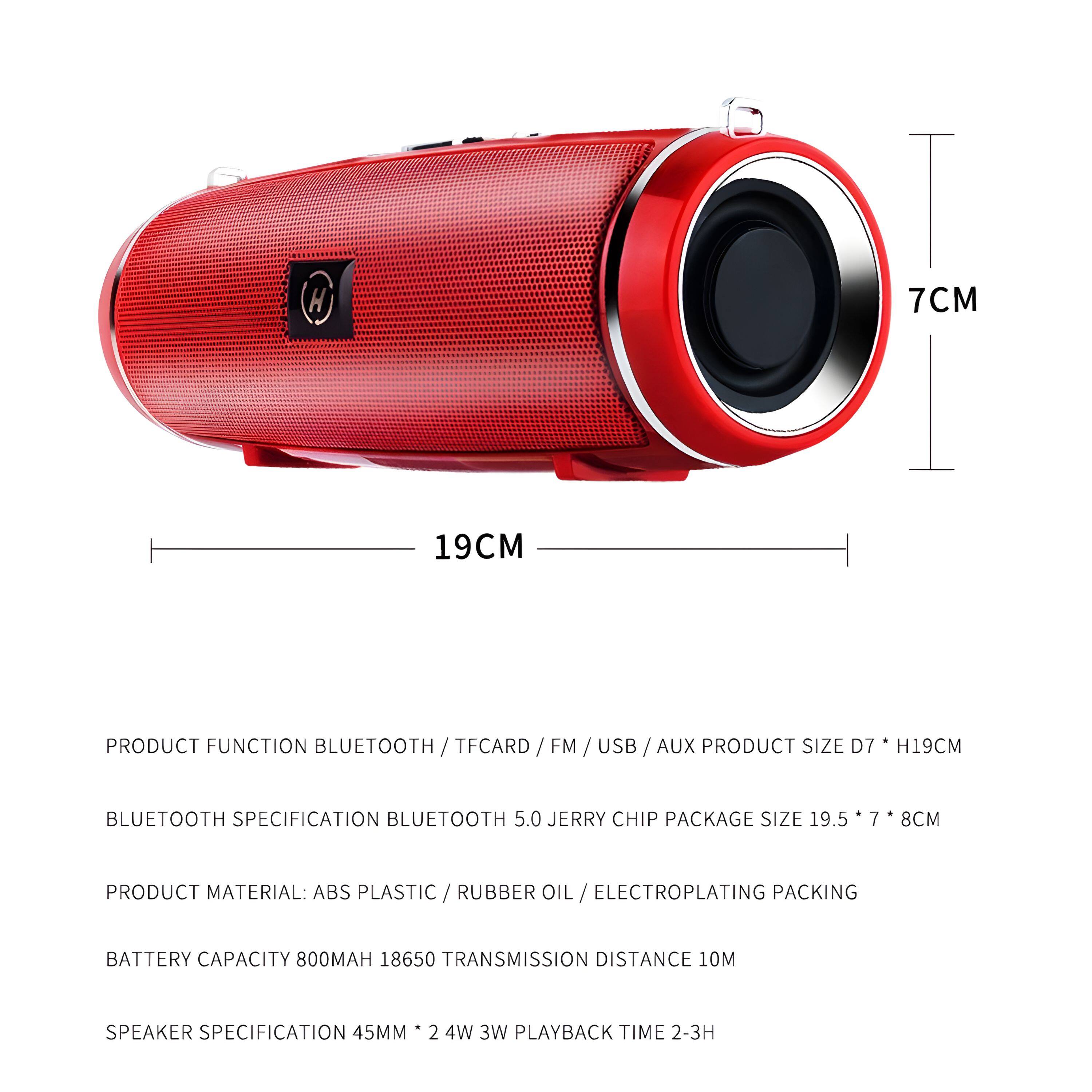 - **Product Function:** Bluetooth / TF Card / FM / USB / AUX
- **Product Size:** D7 * H19CM
- **Bluetooth Specification:** Bluetooth 5.0
- **Jerry Chip Package Size:** 19.5 * 7 * 8CM
- **Product Material:** ABS Plastic / Rubber Oil / Electroplating Packing
- **Battery Capacity:** 800MAH 18650
- **Transmission Distance:** 10M
- **Speaker Specification:** 45MM * 2 4W 3W
- **Playback Time:** 2-3H
