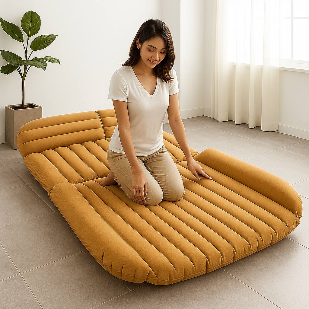 Angle. BreeBe - Portable Inflatable Car Backseat Sleeping Mattress with Air Pump for SUV Camping and Road Trips - Camel.