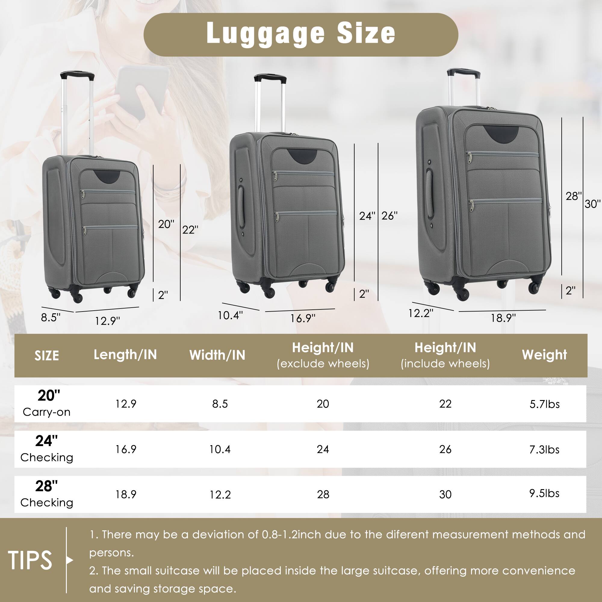 Luggage Size

| SIZE       | Length/IN | Width/IN | Height/IN (exclude wheels) | Height/IN (include wheels) | Weight |
|------------|-----------|----------|--------------------------|--------------------------|--------|
| 20" Carry-on | 12.9      | 8.5      | 20                       | 22                       | 5.7lbs |
| 24" Checking | 16.9      | 10.4     | 24                       | 26                       | 7.3lbs |
| 28" Checking | 18.9      | 12.2     | 28                       | 30                       | 9.5lbs |

TIPS
1. There may be a deviation of 0.8-1.2 inch due to the different measurement methods and persons.
2. The small suitcase will be placed inside the large suitcase, offering more convenience and saving storage space.