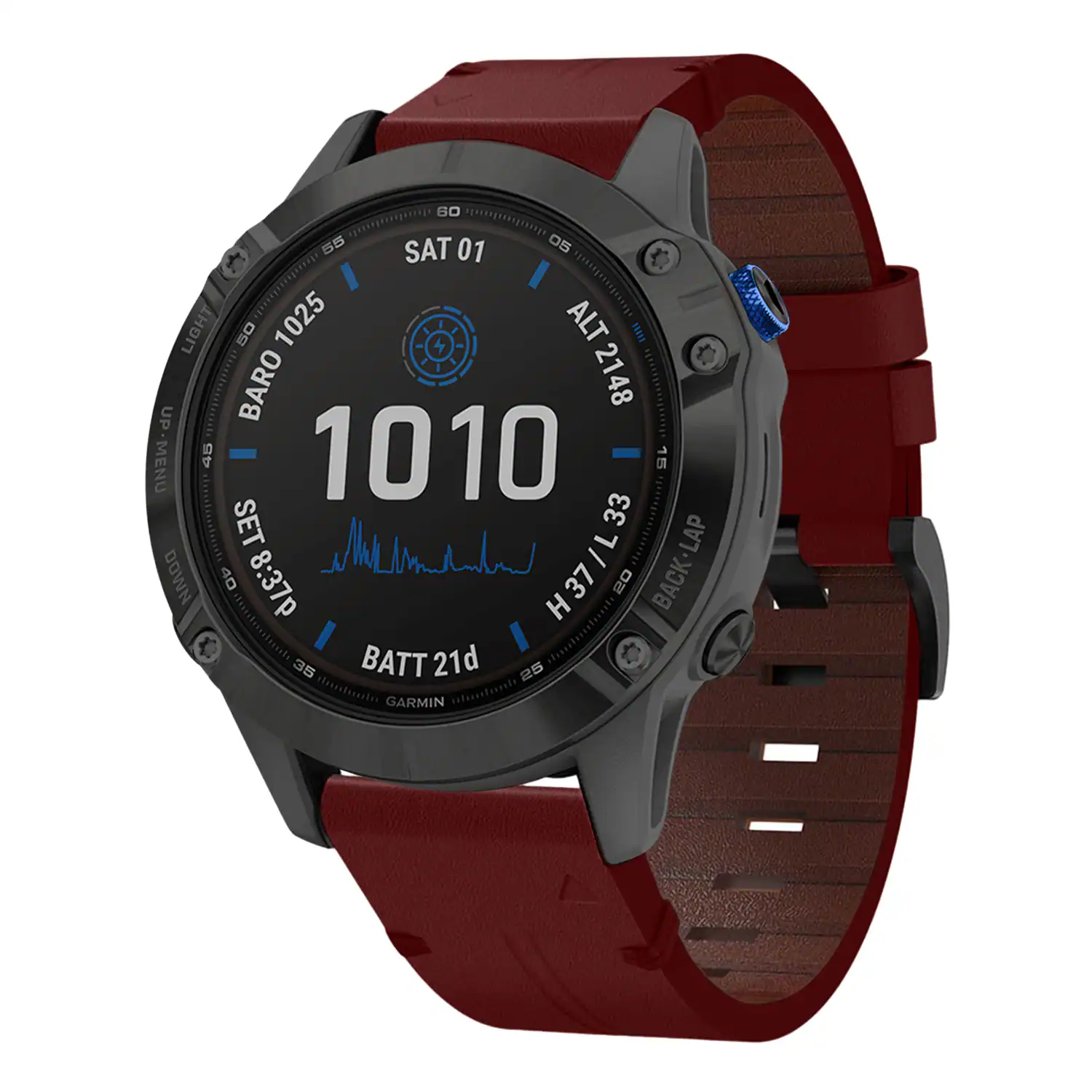 SAT 01  
LIGHT 50  
BARO 1025  
ALT 2148  
1010  
H37/L33  
8:37P  
BATT 21d  
BACK LAP  
GARMIN
