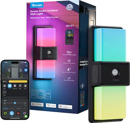 Govee Smart Outdoor Wall Light Welcome Your Way Home 1 PACK Wi-Fi Govee ACBIC MRIEA Coce & WE Wiune LagRcInO 17: I nLIr Wal Light SAnnacua HP so Multipie Scene Modes Customizable Sensing Effec Budtrie iocence Servor Twe POS Waterproofing Govee Caler Scane mation Mec IT SAME Dapin Sowing lgnting uart basan - - salantan -- Tae manders -. -E - - Temperra BP00E 8100m - - I Foodo F E .m mana Speed a Natural Festival Soothing High Life matter works with alexa works with Google Home Twesr Auos ina nat