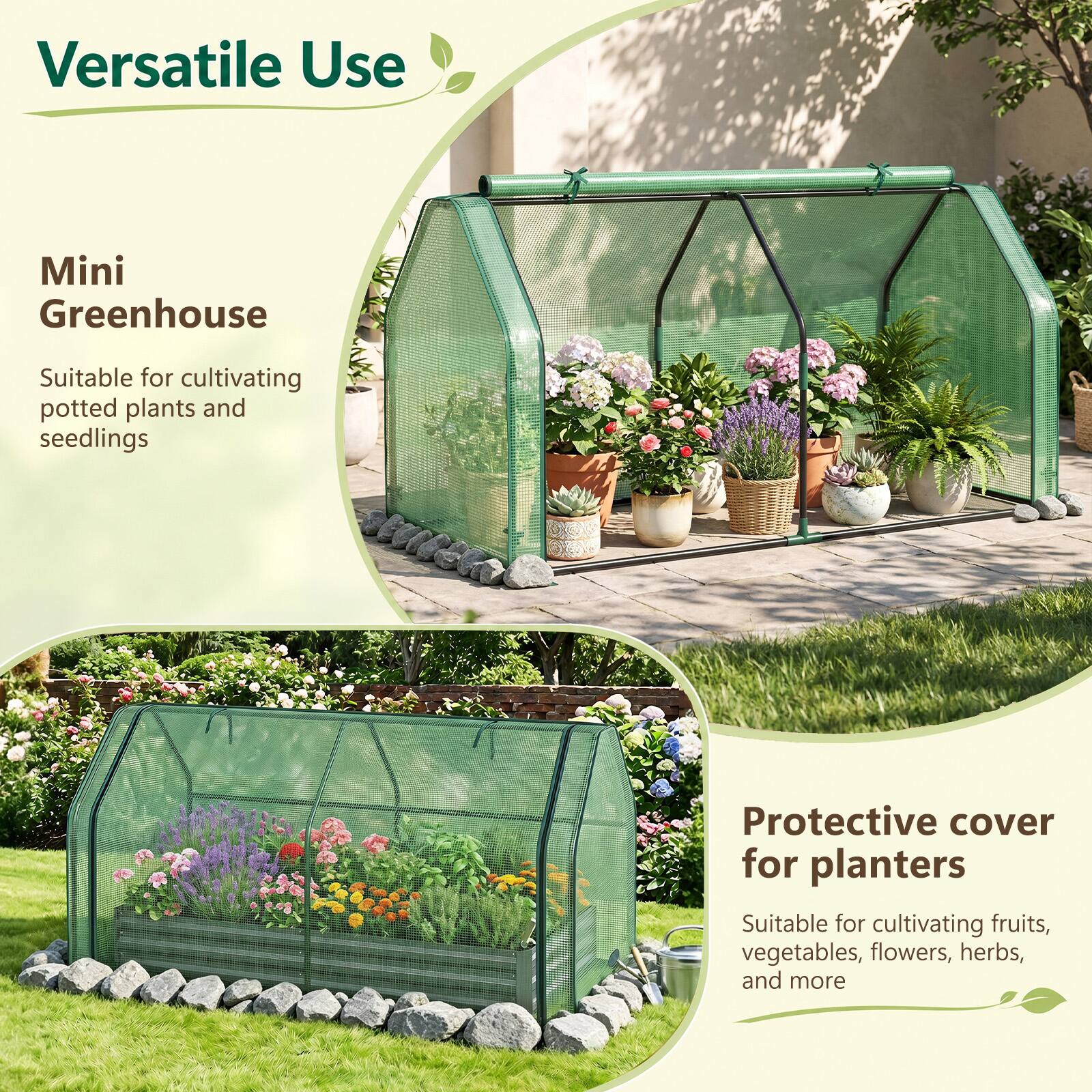 Versatile Use

Mini Greenhouse
Suitable for cultivating potted plants and seedlings

Protective cover for planters
Suitable for cultivating fruits, vegetables, flowers, herbs, and more