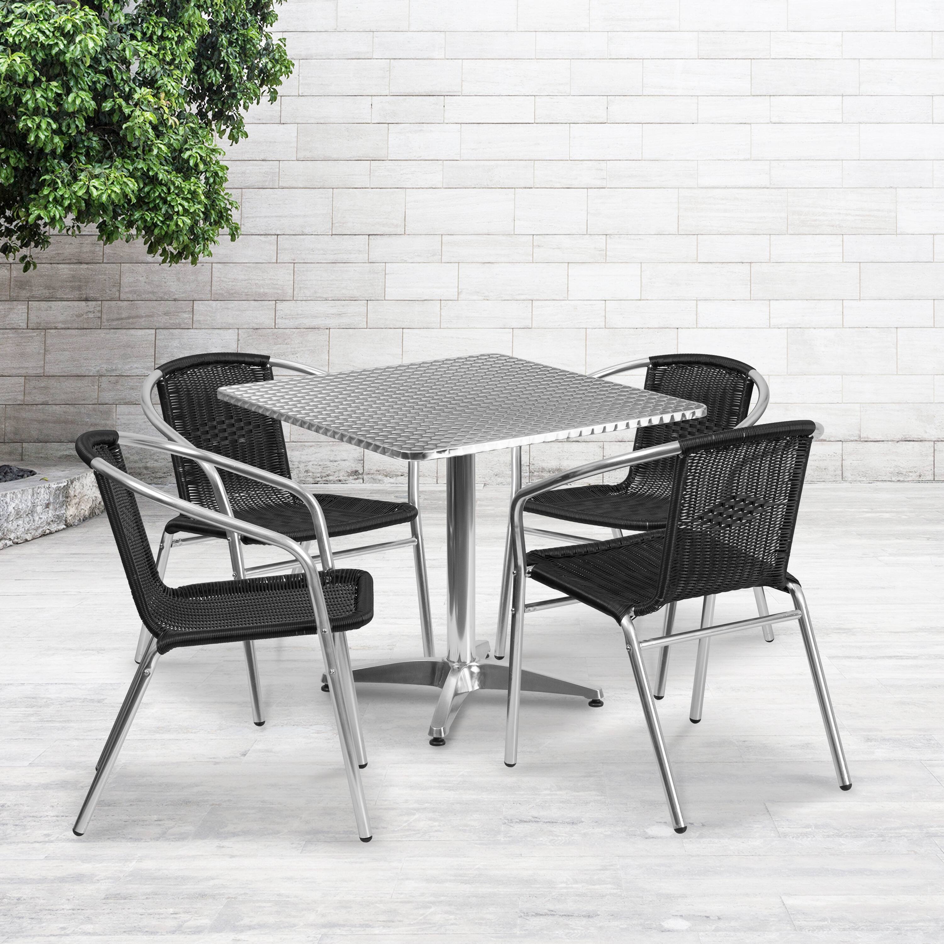 Alt View 1. Emma + Oliver - 31.5" Square Aluminum Garden Patio Table Set with 4 Rattan Chairs - Black.