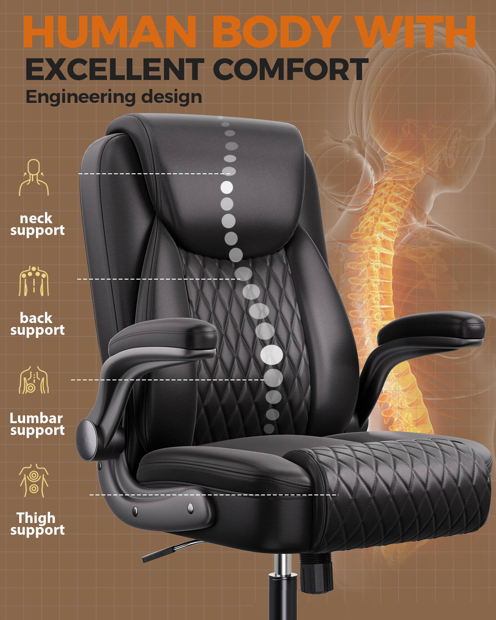 HUMAN BODY WITH EXCELLENT COMFORT

Engineering design

- Neck support
- Back support
- Lumbar support
- Thigh support