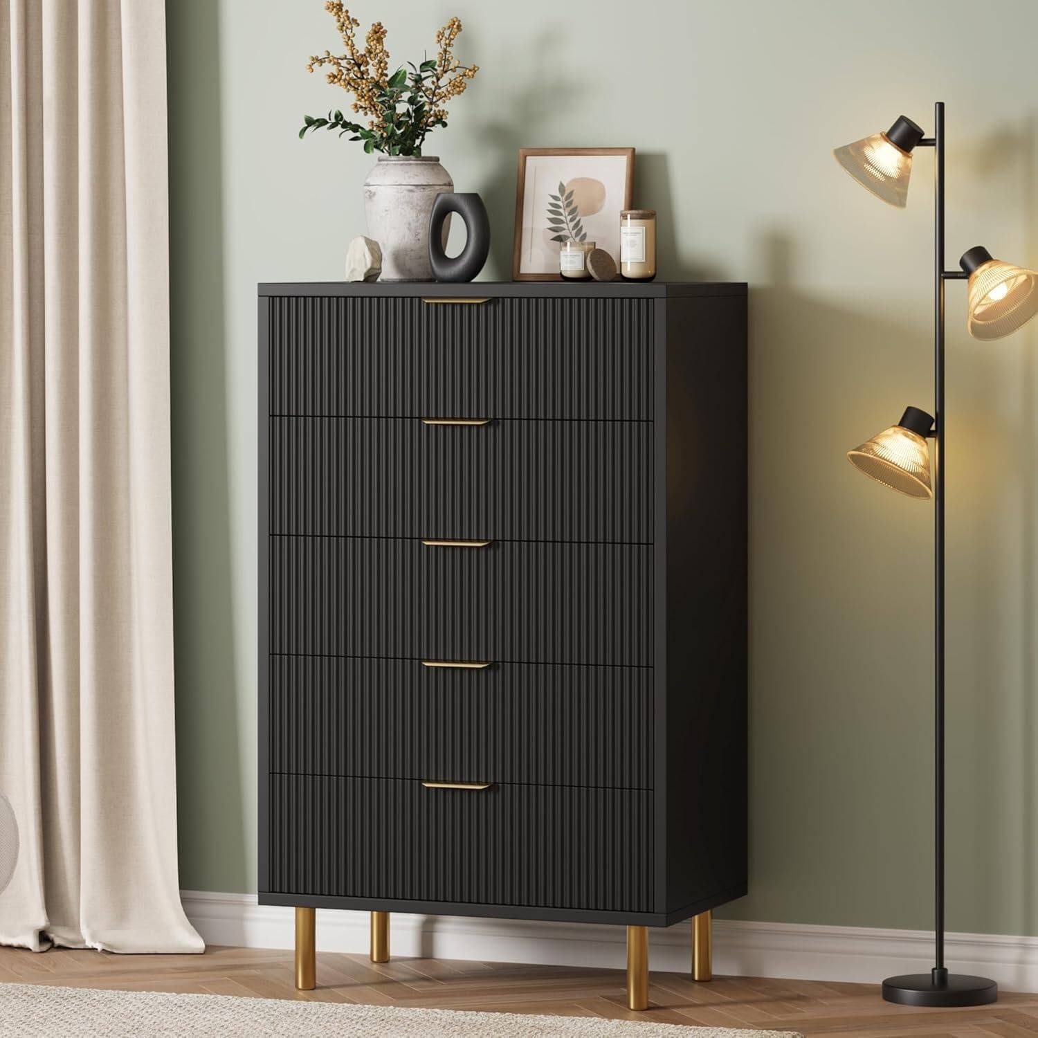 Left. GARVEE - Modern 5 Drawer Dresser for Bedroom with Gold Handle and Large Drawer, Wood Double Chest of Drawers - Black.