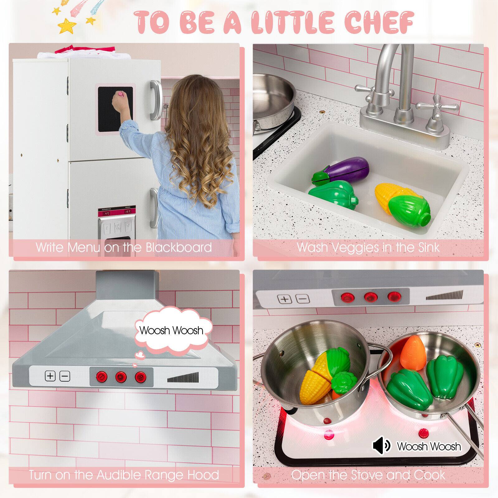 TO BE A LITTLE CHEF

Write Menu on the Blackboard

Wash Veggies in the Sink

Turn on the Audible Range Hood

Open the Stove and Cook