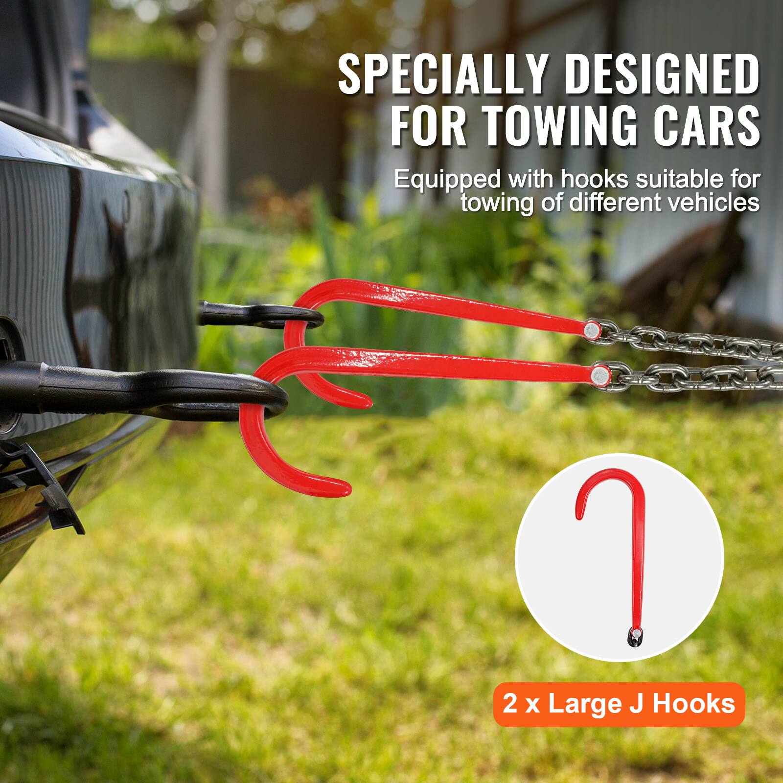 Specially designed for towing cars.  
Equipped with hooks suitable for towing of different vehicles.  
2 x Large J Hooks