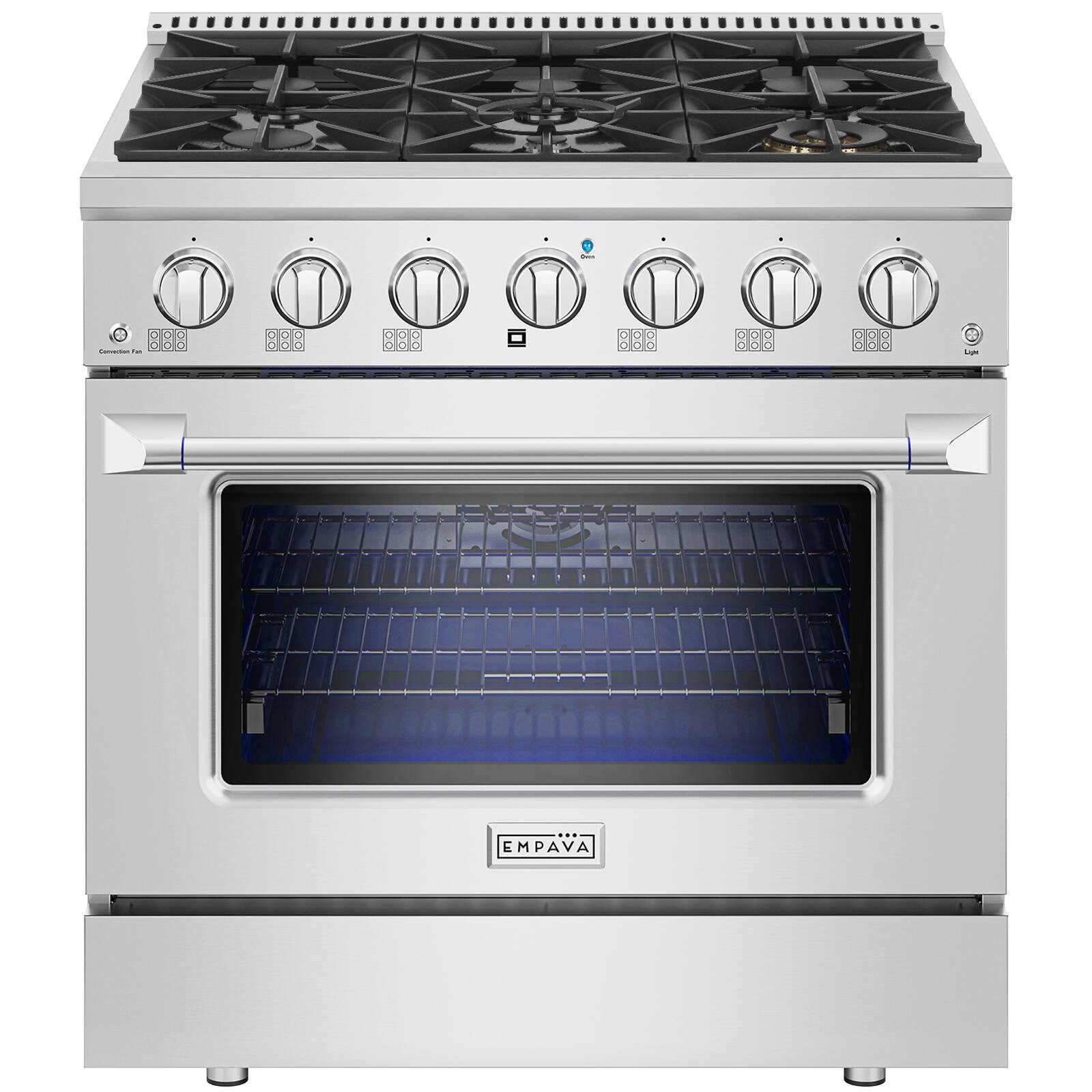 Front. Empava - 36 in. Slide-In Gas Range, 5.2 cu. ft. Oven, 6 Burners (20000 BTU), Convection Fan, LP Convertible - Stainless steel.