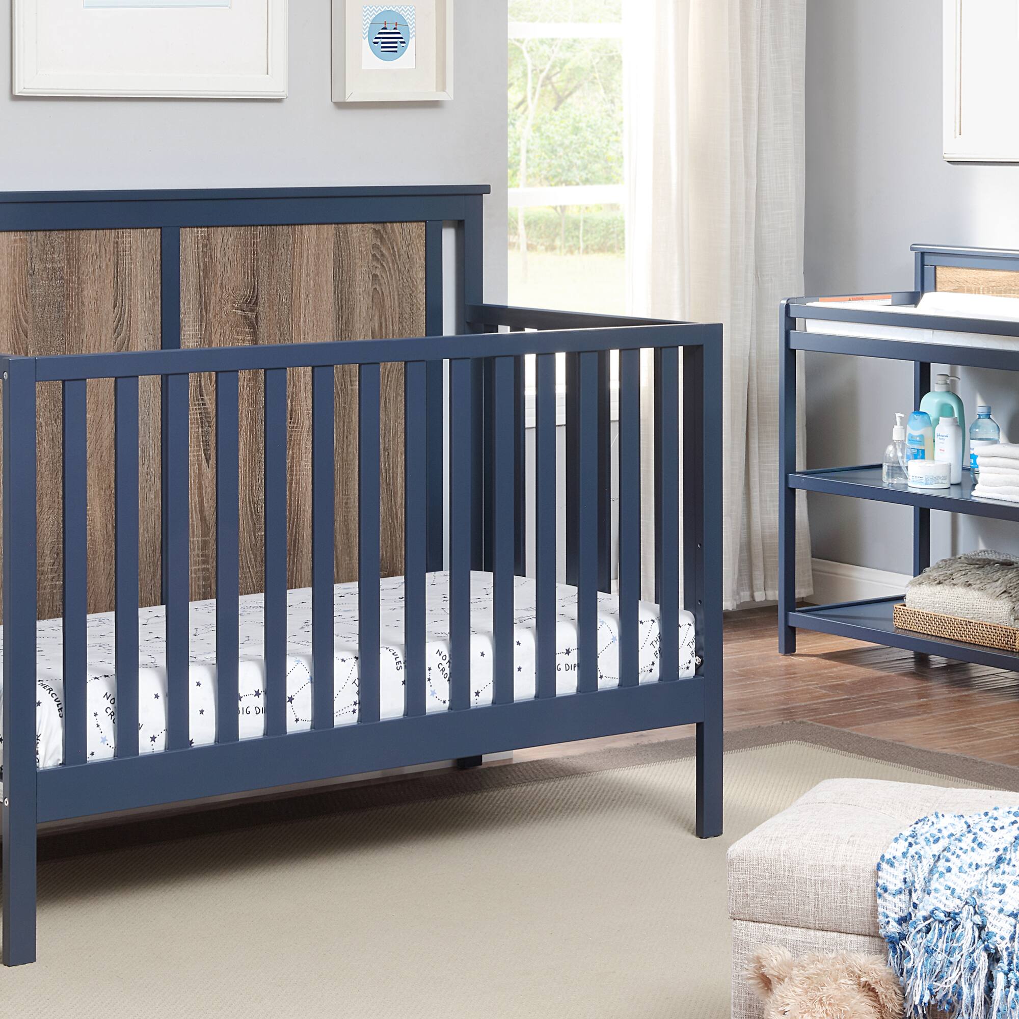 GOODSILO - 4-in-1 Convertible Crib with Dual-Tone Finish - Adjustable Mattress Heights for Safe Infant Sleeping and Growing - Blue+Brown