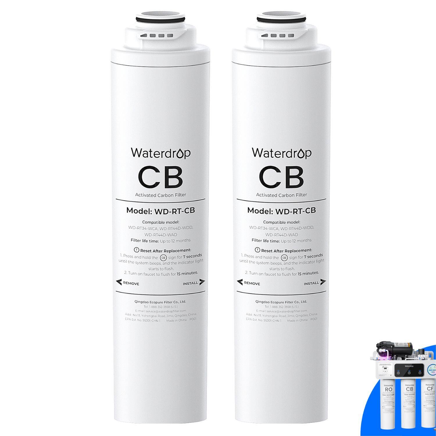 Waterdrop CB Activated Carbon Filter  
Model: WD-RT-CB  
Compatible model: WD-RT34-WCA, WD-R144D-WDD, WD-RT44D-WAD  
Filter life time: Up to 12 months  

Reset After Replacement:  
1. Press and hold the sign for 7 seconds until the system beeps and the indicator light starts to flash.  
2. Turn on faucet to flush for 15 minutes.  

Qingdao Ecopure Filter Co., Ltd.  
E-mail: service@waterdropfilter.com  
Add: No. 17, Xinhua Road, Jiaoqiao, Qingdao, China  
P.O. Box No. 5300, CH-1  
Made in China  

Waterdrop CB Activated Carbon Filter  
Model: WD-RT-CB  
Compatible model: WD-RT34-WCA, WD-R144D-WDD, WD-RT44D-WAD  
Filter life time: Up to 12 months  

Reset After Replacement:  
1. Press and hold the sign for 7 seconds until the system beeps and the indicator light starts to flash.  
2. Turn on faucet